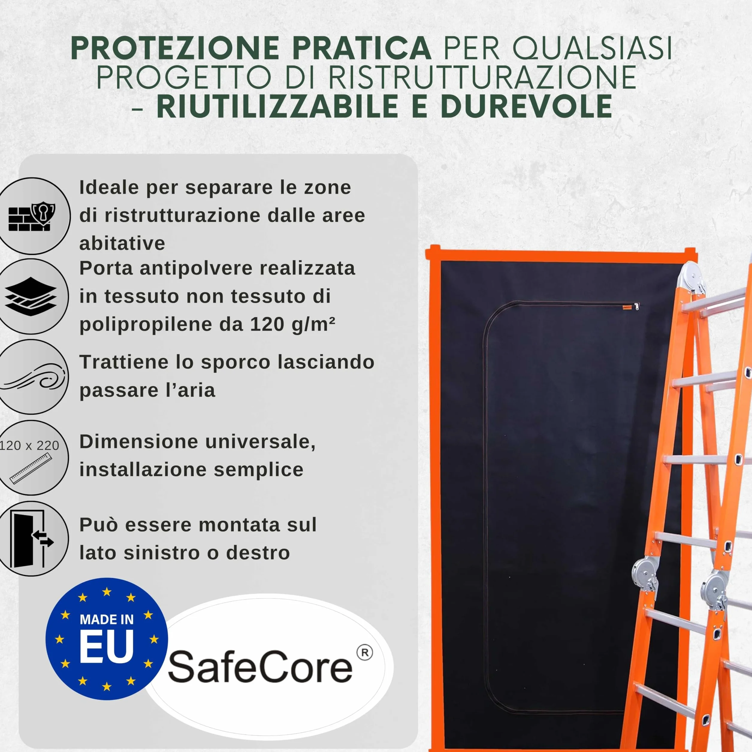 SafeCore Porta Antipolvere 220x110 cm 2 Pezzi, Cerniera Doppia, Tessuto Non Tessuto Polipropilene 120 g/m²