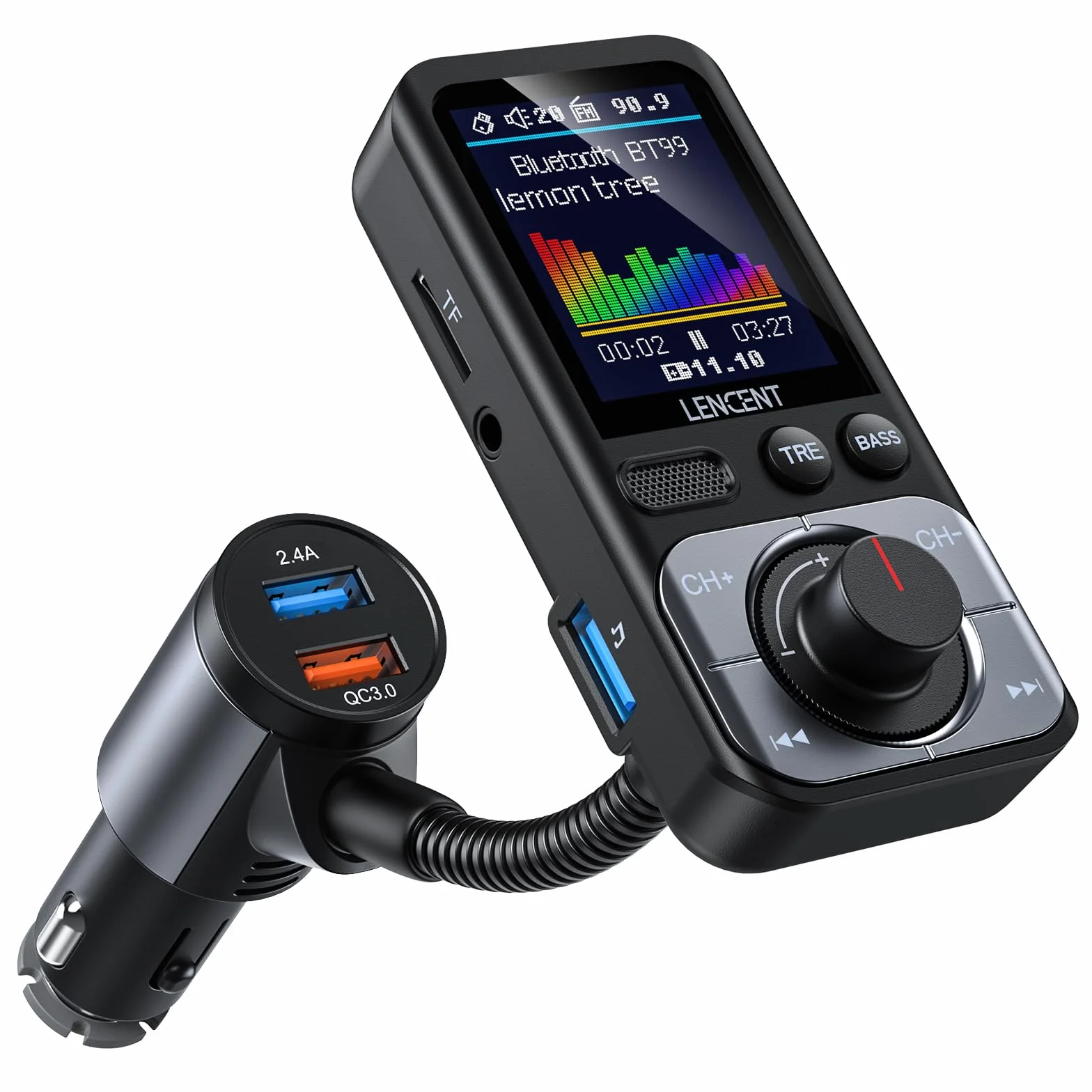 LENCENT Trasmettitore FM Bluetooth 5.0 Auto, QC3.0 18W Ricarica Veloce, Adattatore Radio Auto AUX con Schermo a Colori, Hi-Fi & Bassi Profondi, Chiamatta Vivavoce, Assistente Siri e Google, Scheda TF