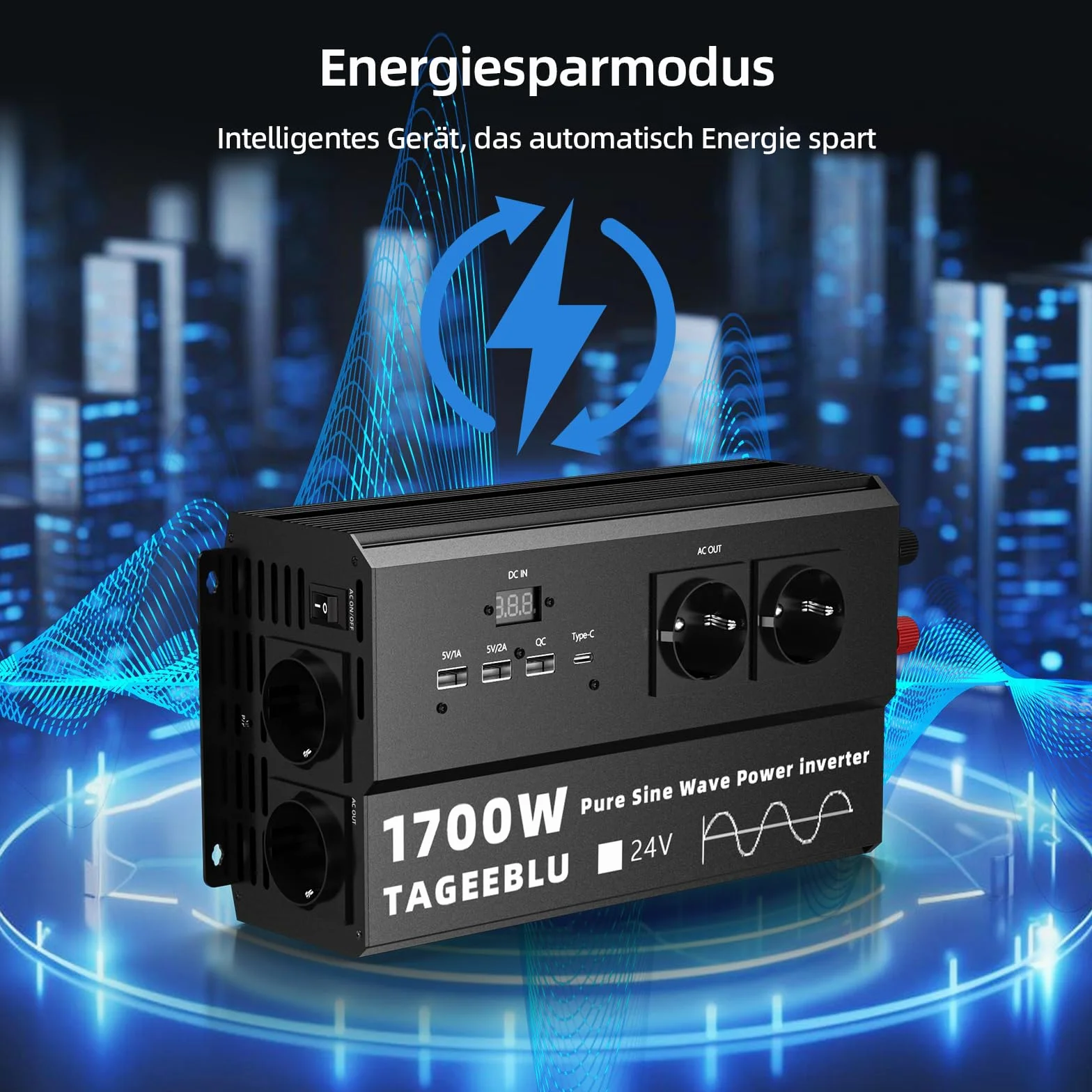 1700W inverter 24v 220v Onda Pura con Display LCD, 4 EU Presa, 4 ports USB et Tipo C 30W