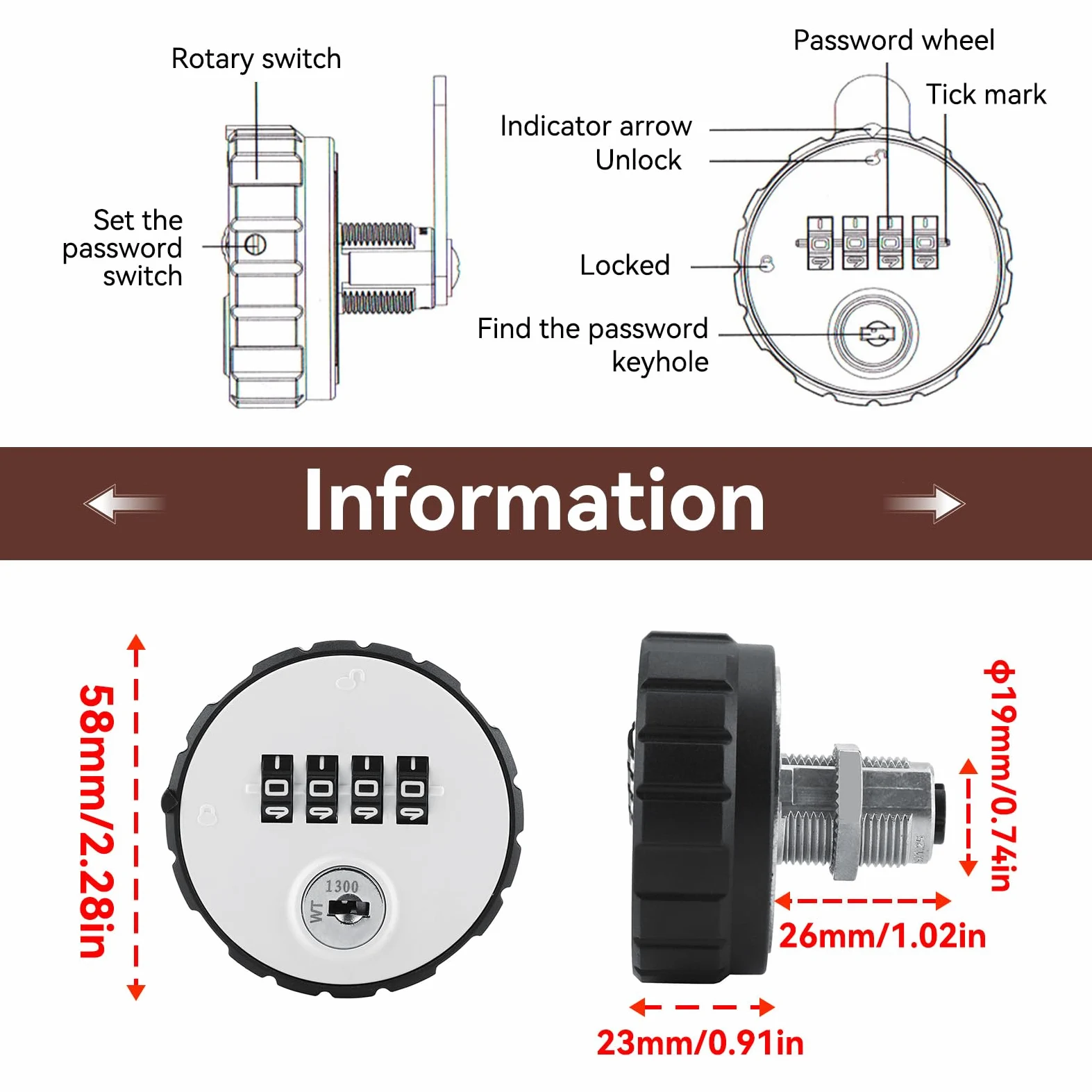 4 Confezione Combinazione Cabinet Lock, Serratura Digitale con Codice in Lega di Zinco Combinazione Cam Cilindro Codificato con Chiave per Cassetti Scatola Mailbox (36 mm)