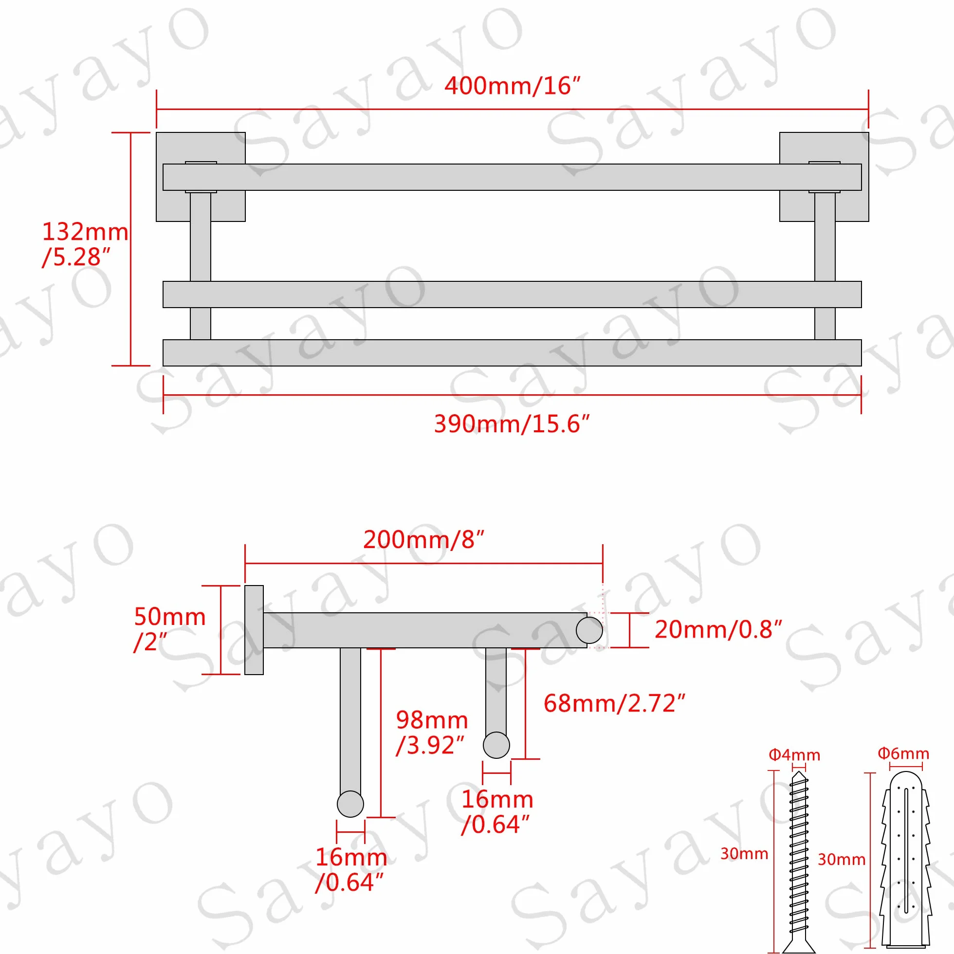 Sayayo Porta Asciugamani Bagno Doppio da Parete 40CM Acciaio Inossidabile SUS304 Grigio Argento