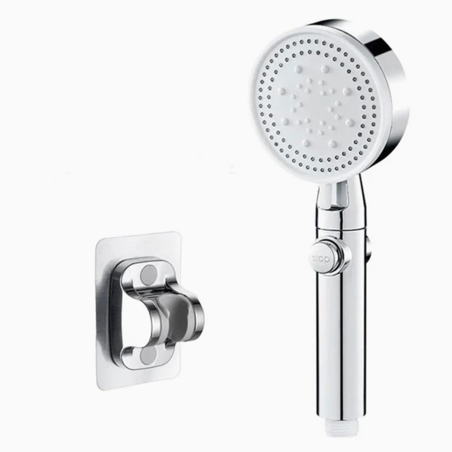 Soffione doccia ad alta pressione bianco e nero con 5 modalità regolabili, supporto per tubo flessibile, ugello a un clic per il risparmio idrico(Silver and Holder)