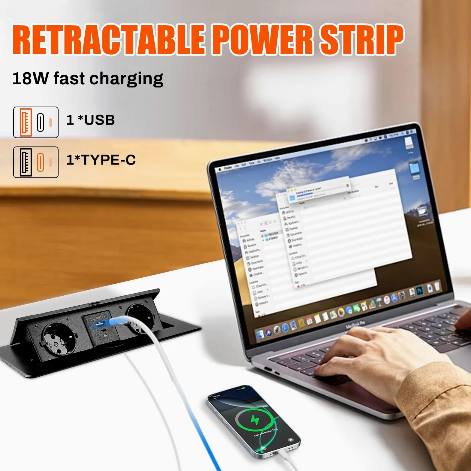 Multipresa da Incasso a Scomparsa con 2 Prese Schuko e USB | 1 USB A e 1 USB C, PD18 W, Cavo 1,8 M, Ciabatta Elettrica a Scomparsa per piano di lavoro, cucina, ufficio, nero