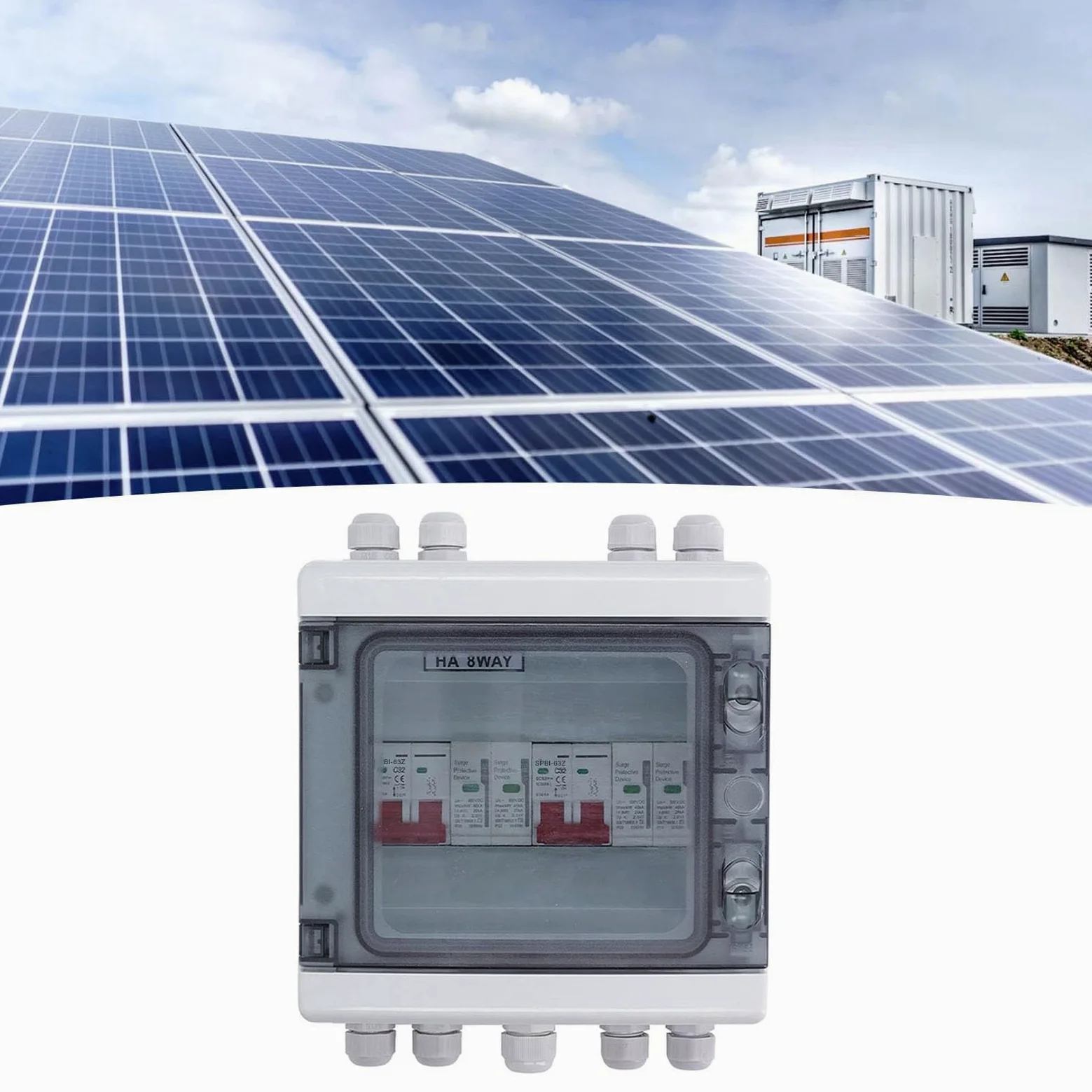 Bewinner Sezionatore Solare DC 500V Scatola Combinatrice Solare 2 in 2 Out con Protezione da Sovratensione, Interruttore Automatico 32A, Resistente all'acqua IP65, Isolatore Fotovoltaico per Rete di