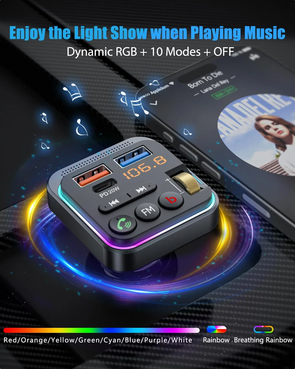 LENCENT Trasmettitore Bluetooth 5.0 per Auto, Musica Bluetooth Auto con Bassi Profondi e Suono Hi-Fi lossless, Ricarica Rapida Tipo-C PD 20W e QC3.0 18W, Supporto Disco U