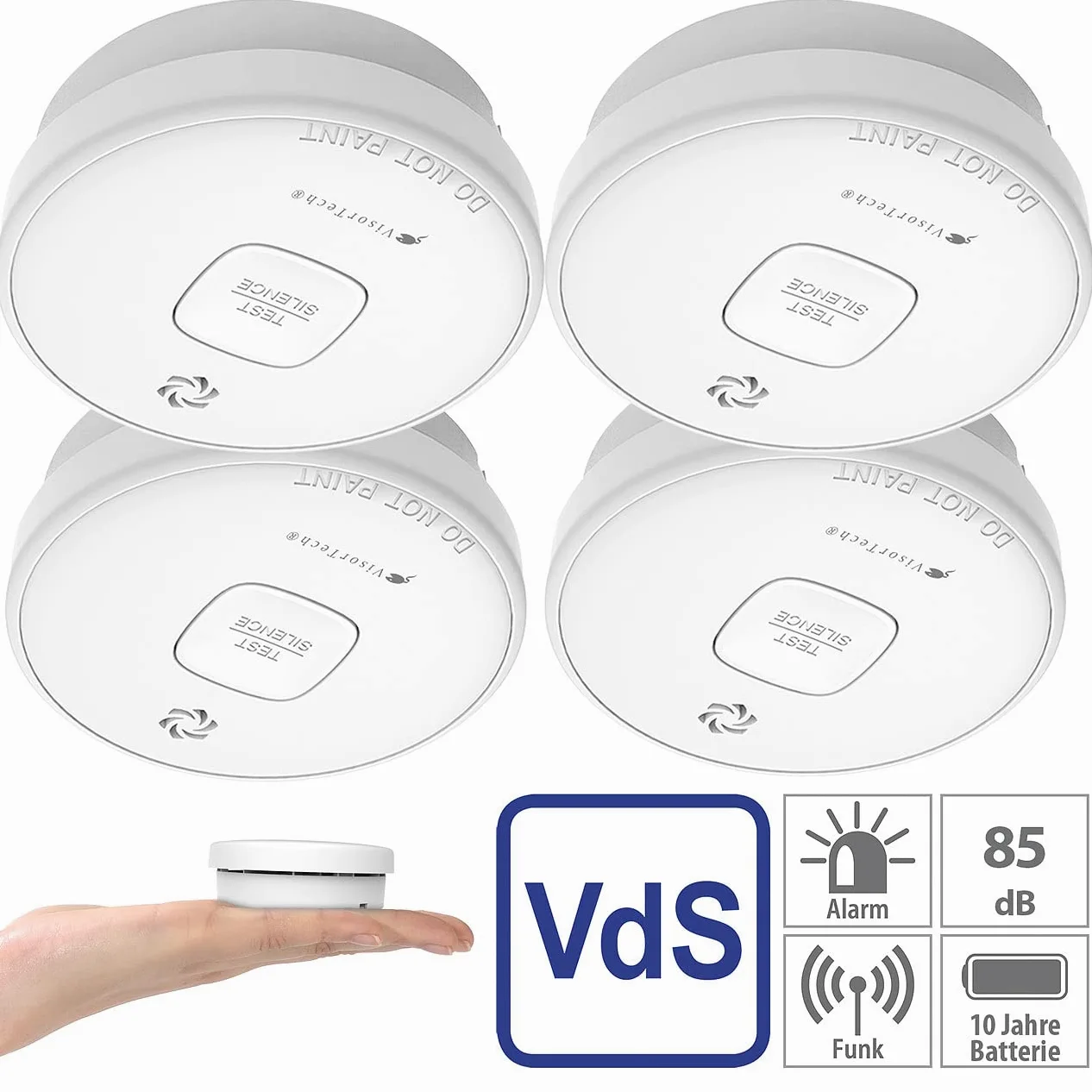VisorTech Set 4 rilevatori di fumo fotoelettrici RWM-390 con batteria al litio da 10 anni, 85 dB