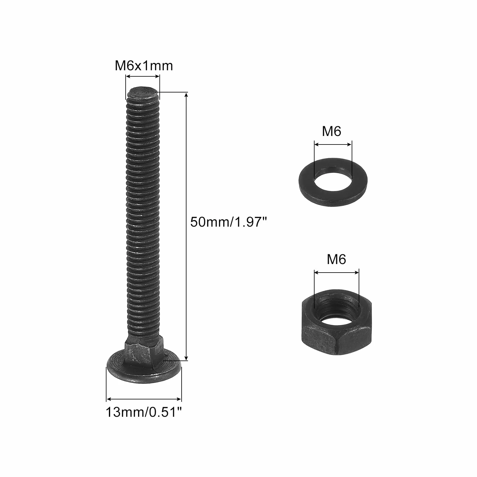 Kit 25 viti M6 x 50 mm a testa tonda con collo quadrato, set fissaggio con rondelle e dadi, acciaio al carbonio ossido nero