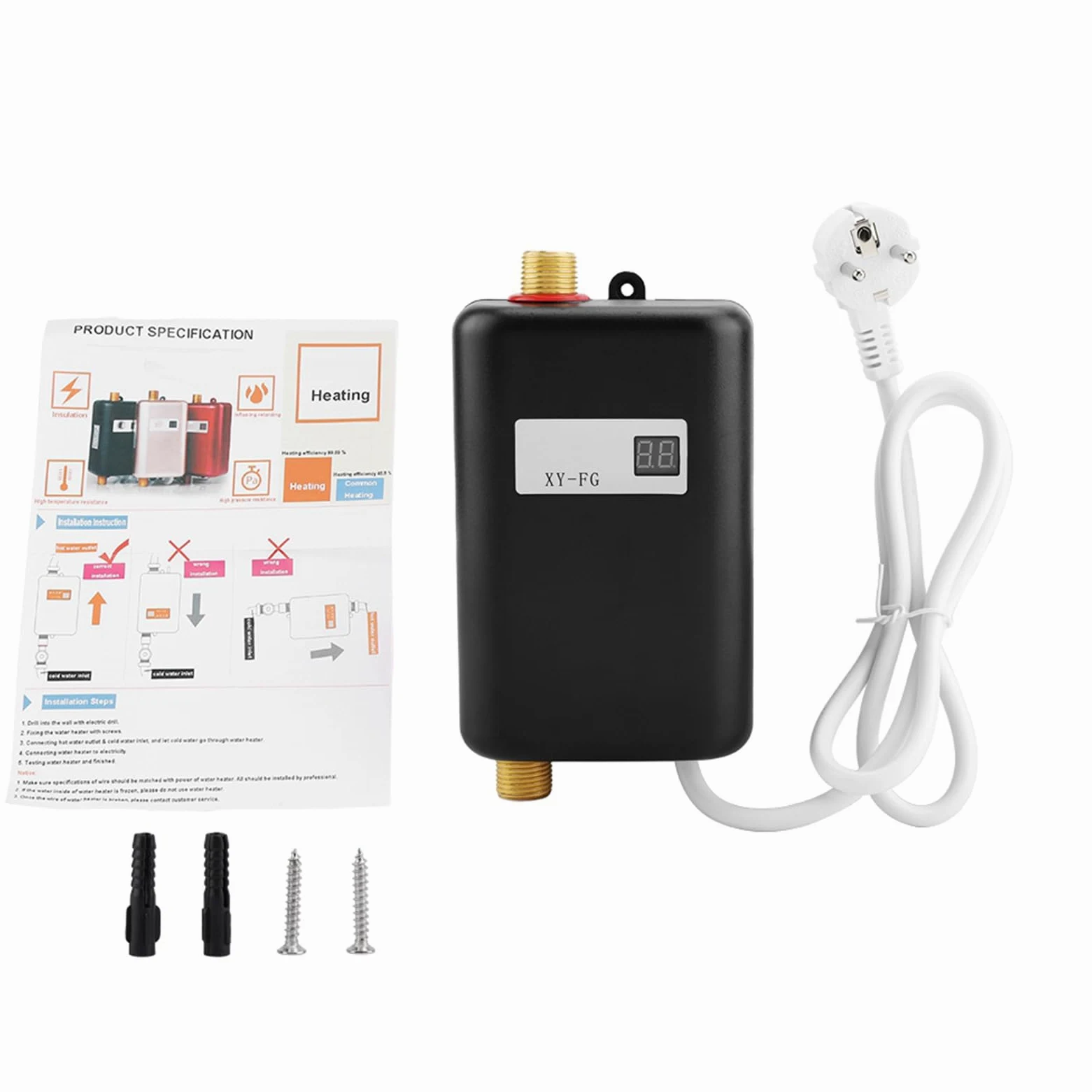 Scaldabagno Elettrico Istantaneo 3800W, Riscaldatore Acqua Calda con Display Digitale, 220V, Temperatura 30-55℃, Nero, per Bagno