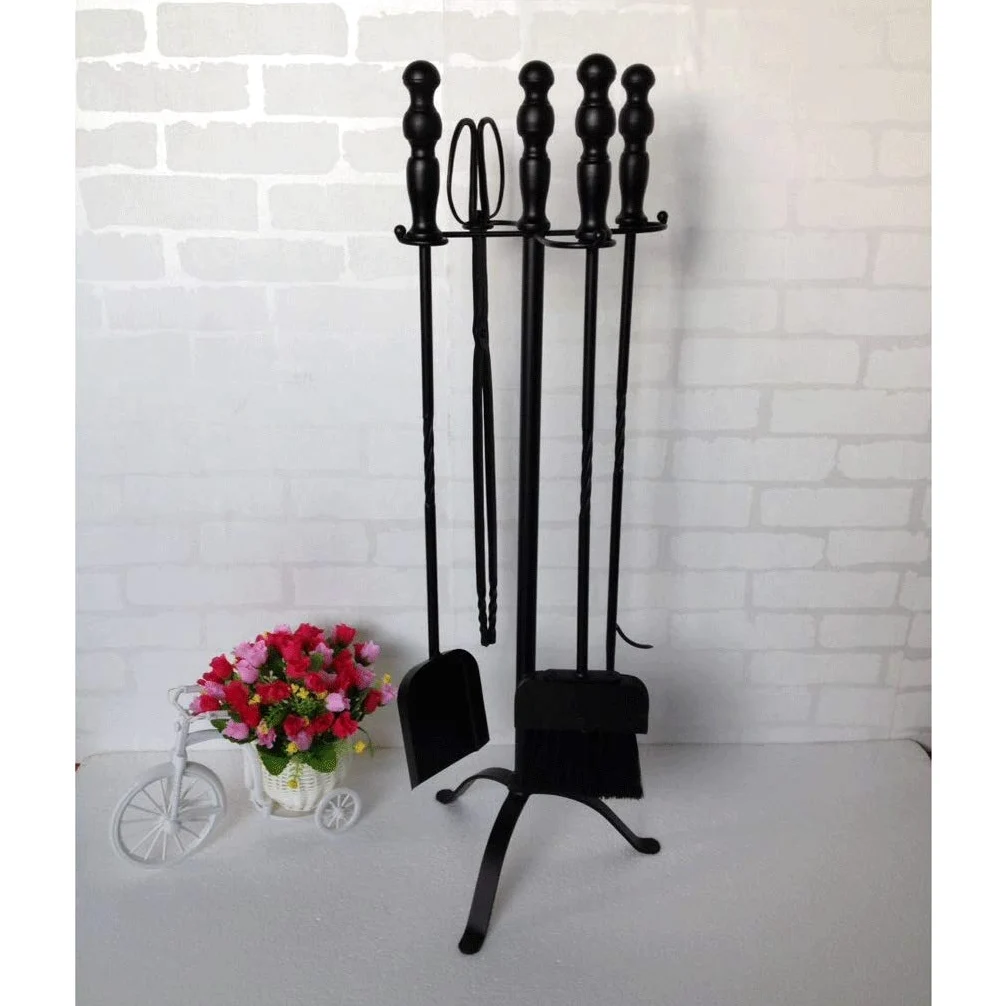 Set di 5 Utensili per Camino in Ferro battuto Moderno con pinze per attizzatoio e Supporto per braciere, Kit di Utensili per Stufa a Legna, Set per caminetto con Maniglie per Camino