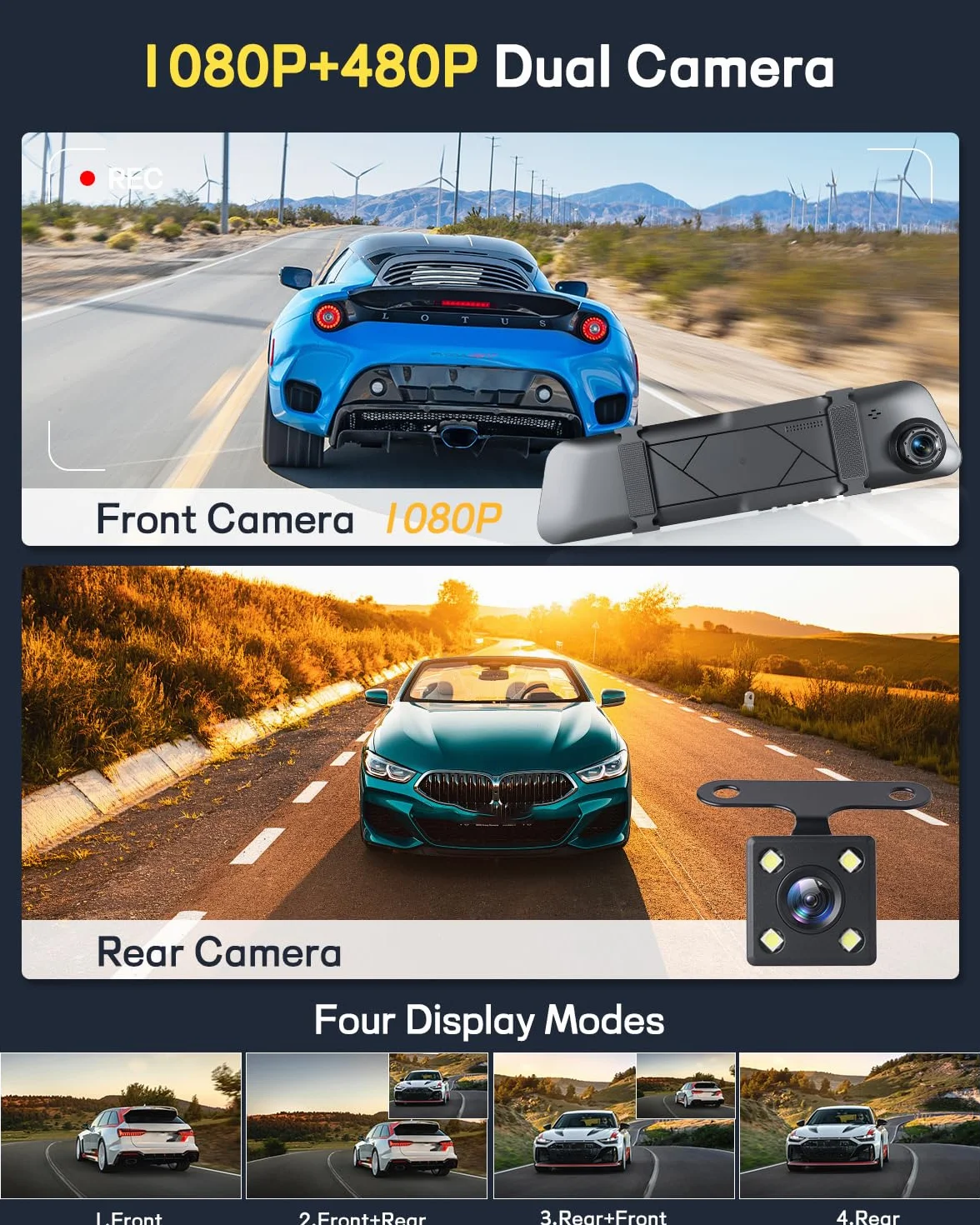 NHOPEEW 1080P Dash Cam con specchio e schermo da 4,5 pollici - Telecamere anteriori e posteriori Supporta registrazione in loop Controllo dell'esposizione della linea di retromarcia Visione notturna