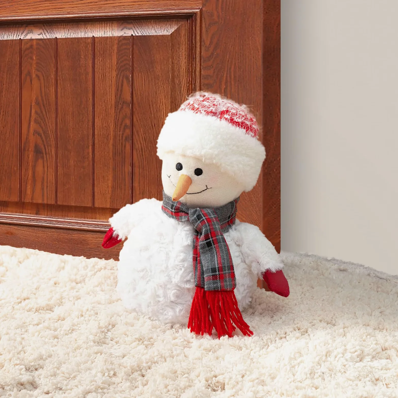 Marwood Simpatico fermaporta decorativo per casa e ufficio, natalizio in tessuto imbottito, fermaporta interno ponderato decorativo per pavimento, pupazzo di neve con cappello rosso
