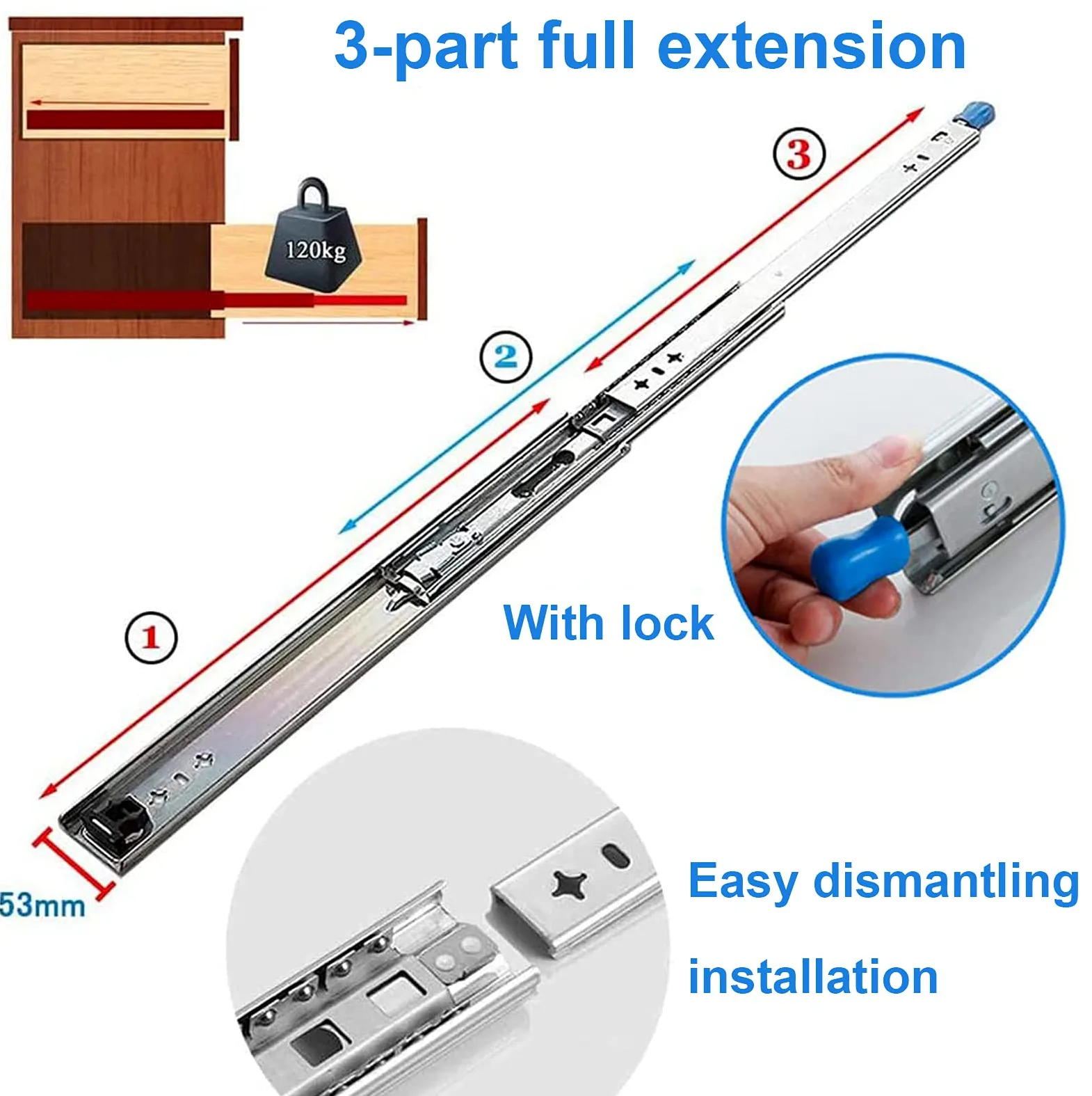 Guide per cassetti per carichi Pesanti da 300 mm a Estrazione Totale, Portata 120 kg, per Officina Industriale.