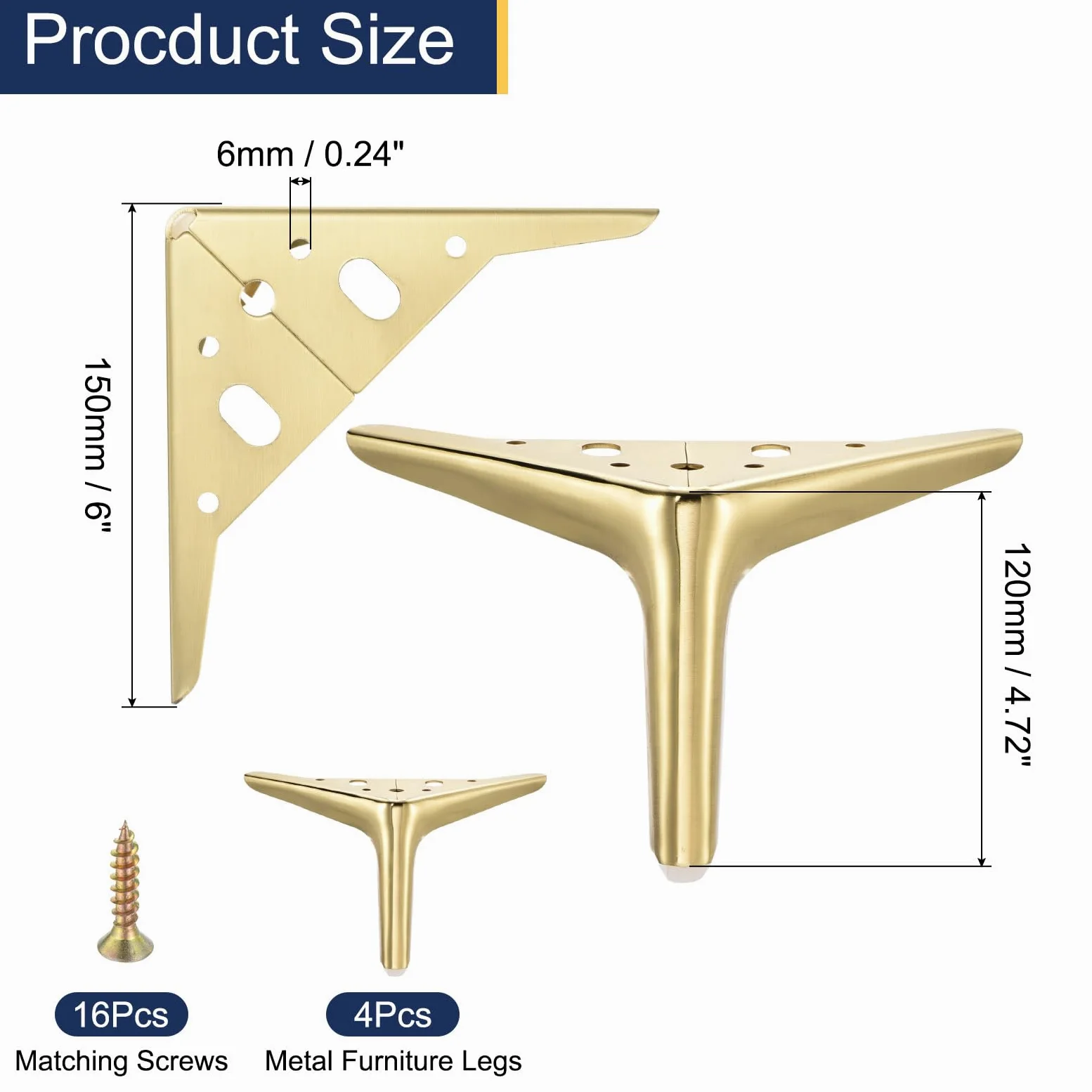 sourcing map 4 gambe per mobili in metallo, 11,9 cm (oro spazzolato) | Triangolari, resistenti, piedini per mobili, gambe di ricambio fai da te per letto, tavolo, armadio, divano sedia