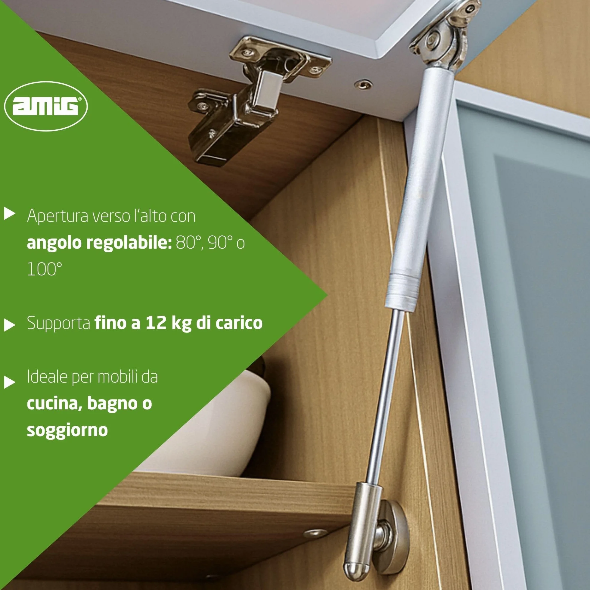 Amig - Bussola a gas per sollevare porte apribili - Mod.98 - Resistenza di carico: 12 kg - Ammortizzatore regolabile per apertura verso l'alto senza impatto - Argento