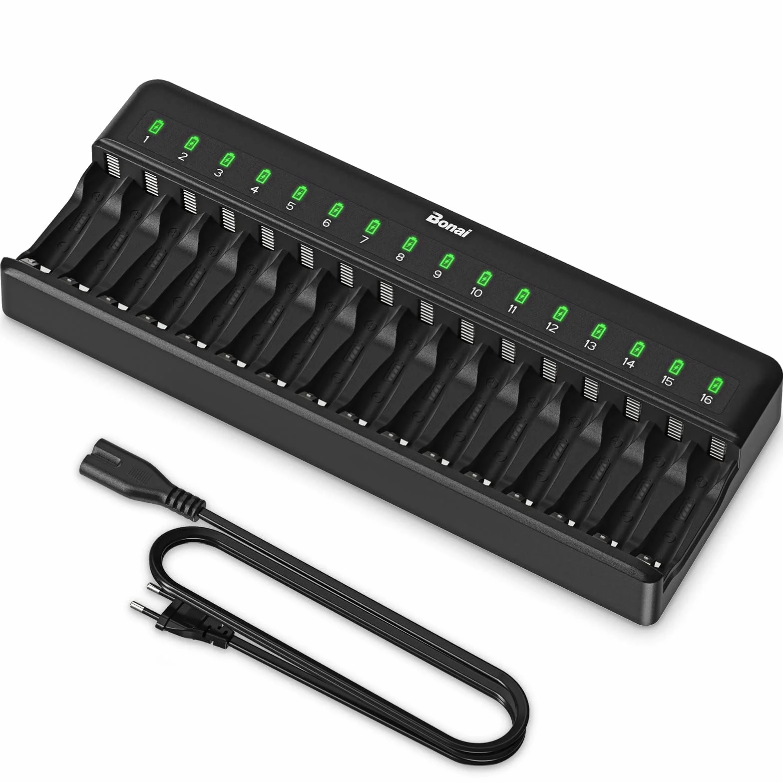 BONAI Caricabatterie Pile Ricaricabili AA AAA, Caricatore a 16 Slot per Batterie Ni-MH, Stazione di Ricarica Rapida con Monitoraggio Intelligente e Gestione Indipendente per Pile Stilo e Ministilo