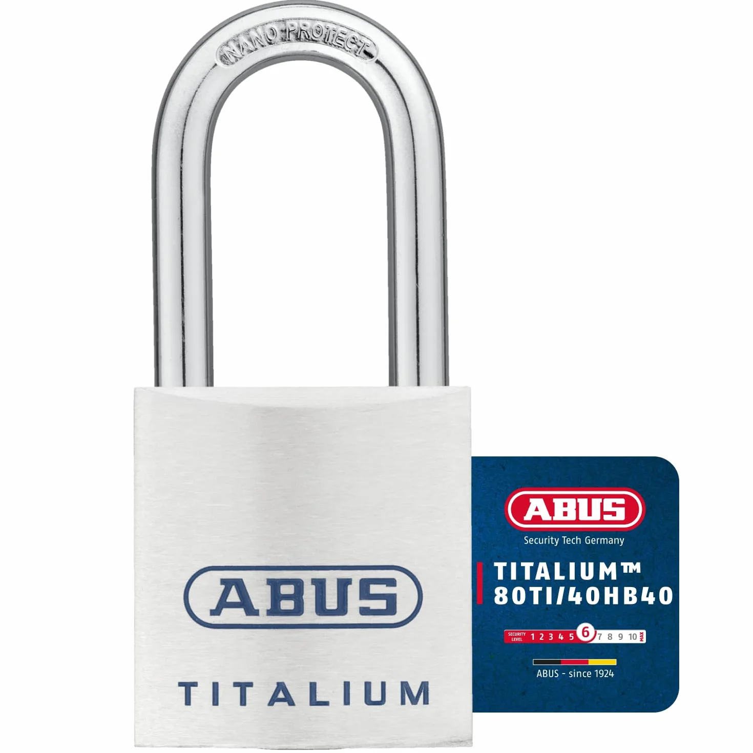 ABUS 562242-80TI/40HB40 Candado Titalium arco Nano protect y llave de 6 pitones 40 mm arco largo