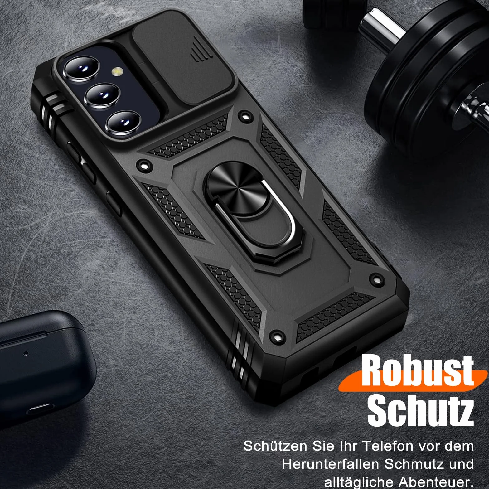 Giyer Cover per Samsung Galaxy A35 5G Custodia con Vetro Temperato, Antiurto Grado Militare 360° Anello Supporto Armor Bumper Case, Antiurto per Samsung A35 5G Cover (Nero)