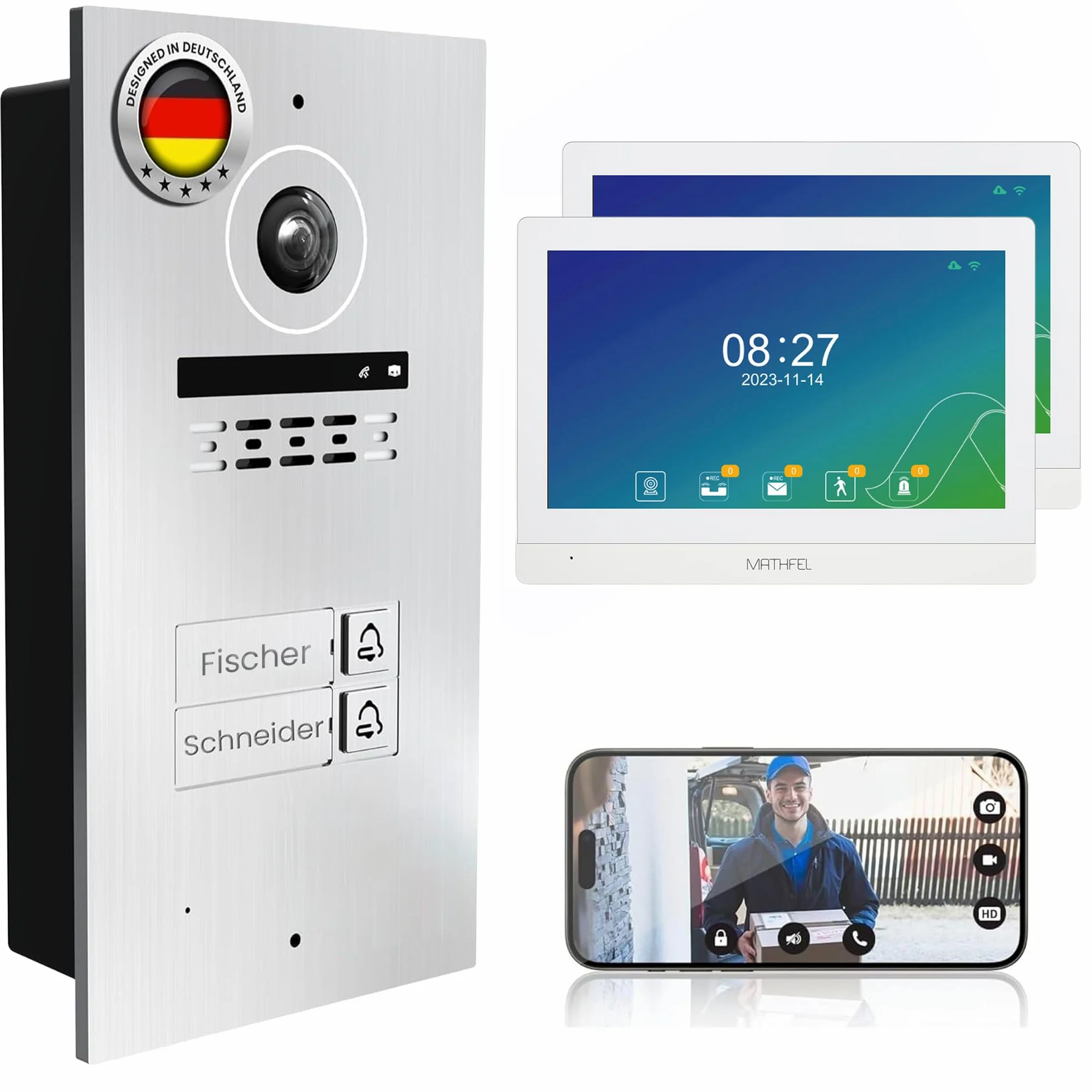 Mathfel 2 case di famiglia, 2 fili, bus Wi-Fi, videocitofono, 4 monitor touch screen da 10 pollici, con fotocamera grandangolare da 2 megapixel, 170 gradi, stazione esterna in argento con incisione