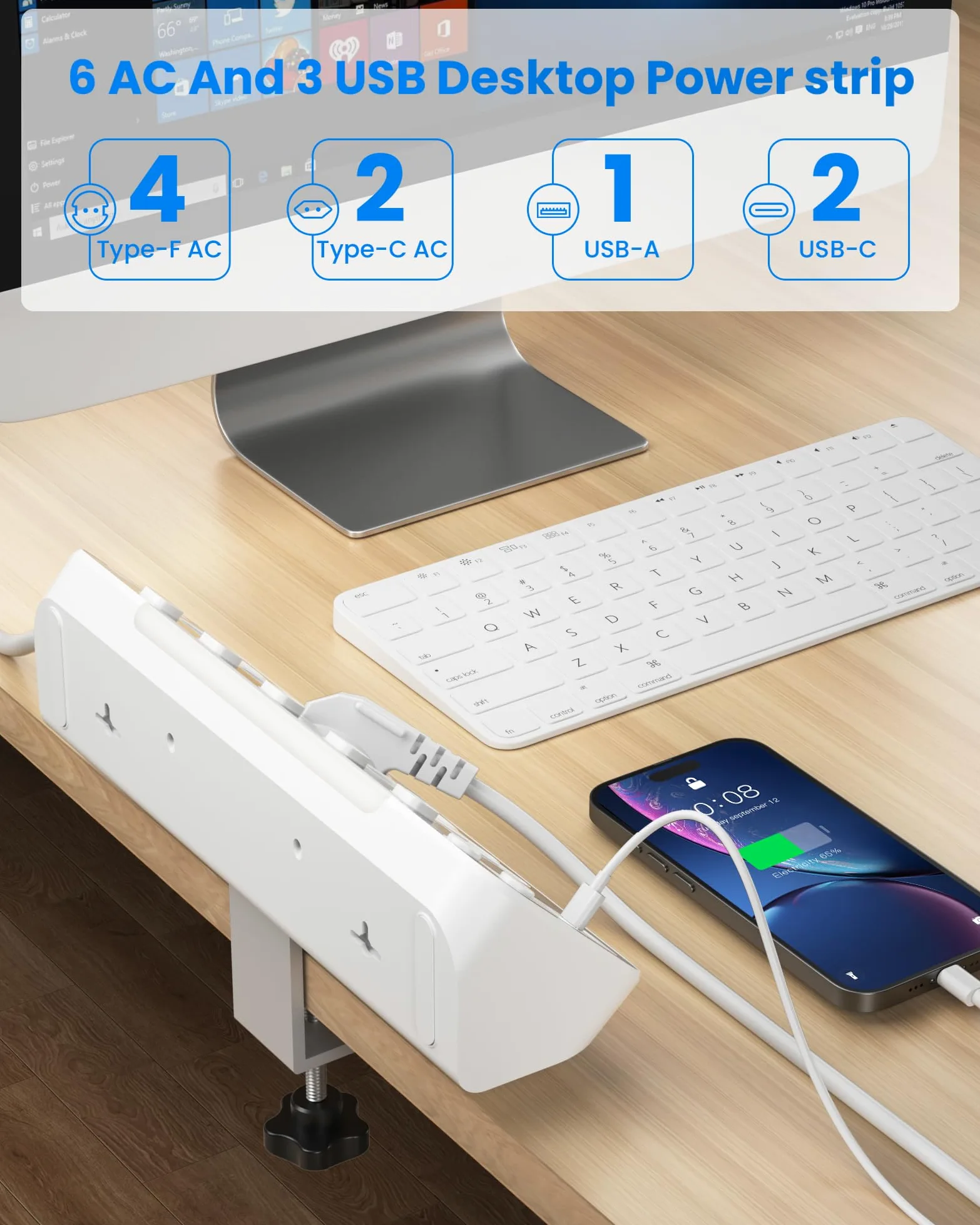Ciabatta Multipresa da Scrivania,Multipresa Schuko Protezione Sovratensione | Presa Multipla Salvaspazio 6 Presa,Presa da Tavolo con USB C,Angolare Ciabatta Elettrica con Interruttore,Cavo 2 M,Bianco
