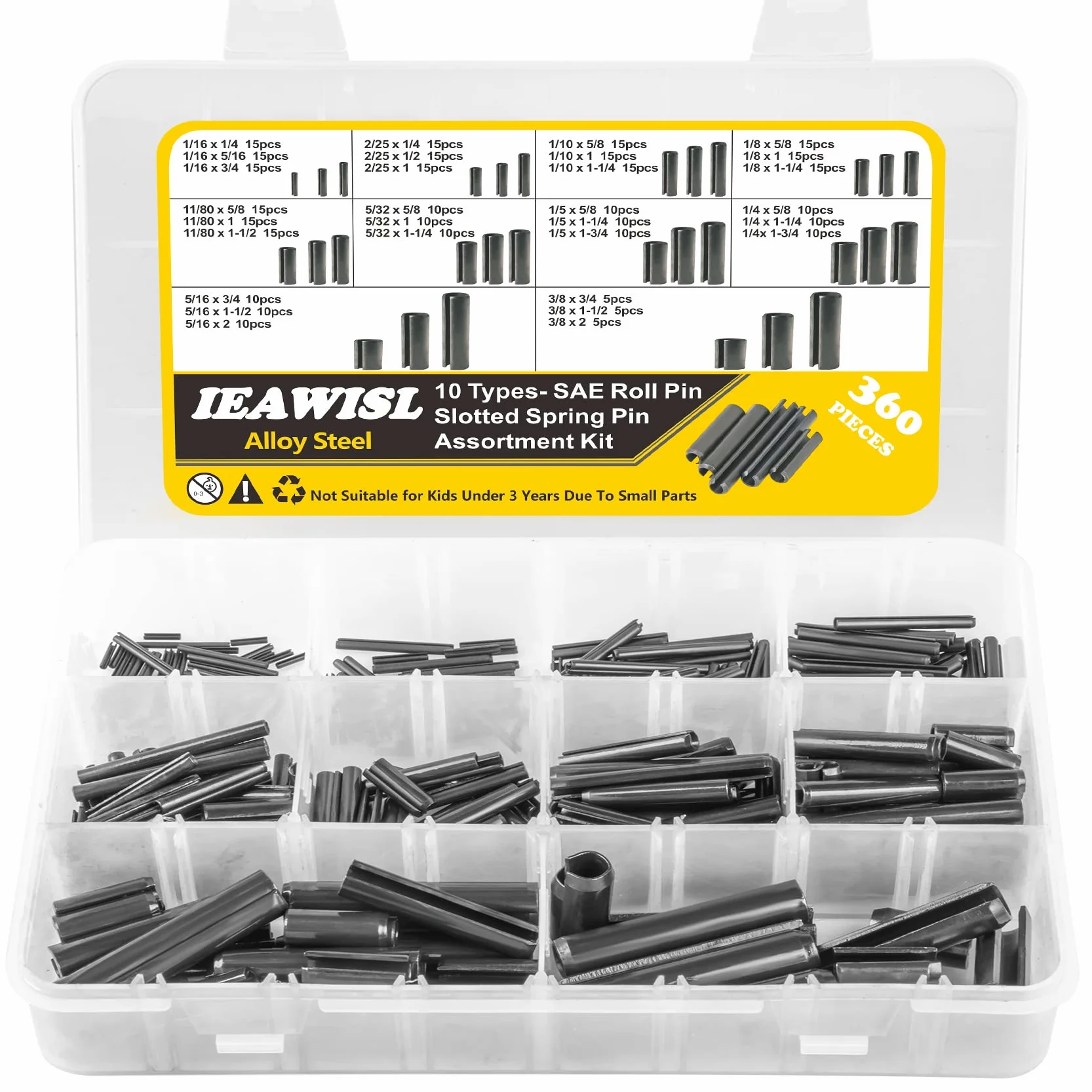 Perno di Tensione a Molla Acciaio 65Mn Assortimento Spine Elastiche M1.5-M10 360 Pezzi