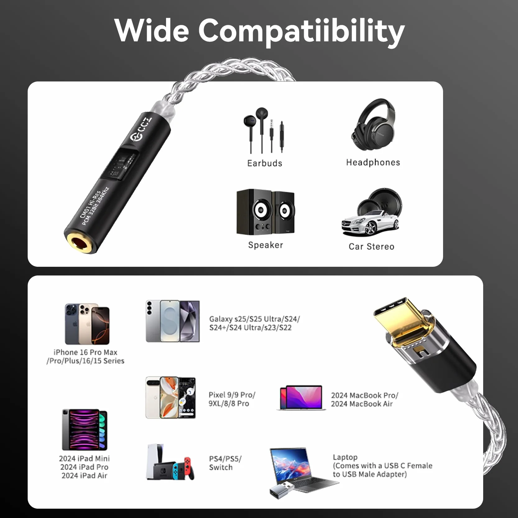 CCZ CM01 Adattatore per cuffie DAC da USB C a jack da 3,5 mm MAX97220 Amp Conexant CX31993 Chip di decodifica, convertitore audio ad alta risoluzione 24 bit/384 kHz con cavo placcato in argento