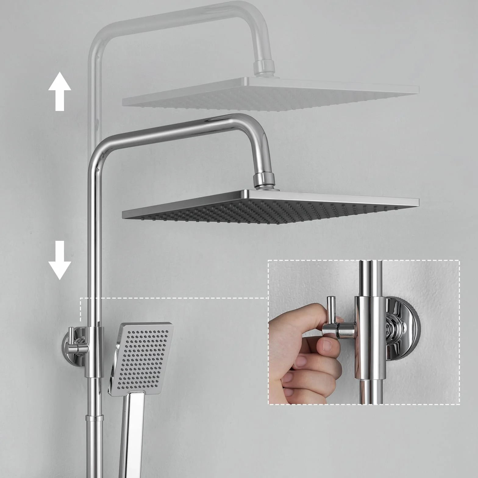 Auralum Colonna Doccia con Miscelatore Doccia Esterno, Saliscendi Doccia con Soffione Doccia Quadrato 25cmx25cm, Asta Doccia con Soffione e Doccetta, Saliscendi Doccia Altezza Regolabile 93-130cm
