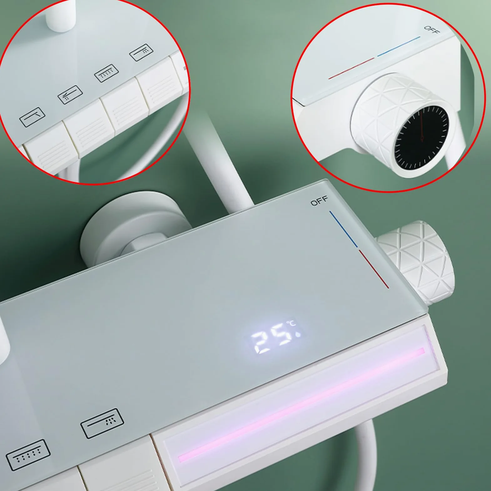 Set di rubinetti per Sistema Doccia con Display Digitale, luci ambientali, soffione a Pioggia, doccetta a 3 modalità, spruzzatore per Bidet a 2 funzioni, beccuccio per Vasca a casc