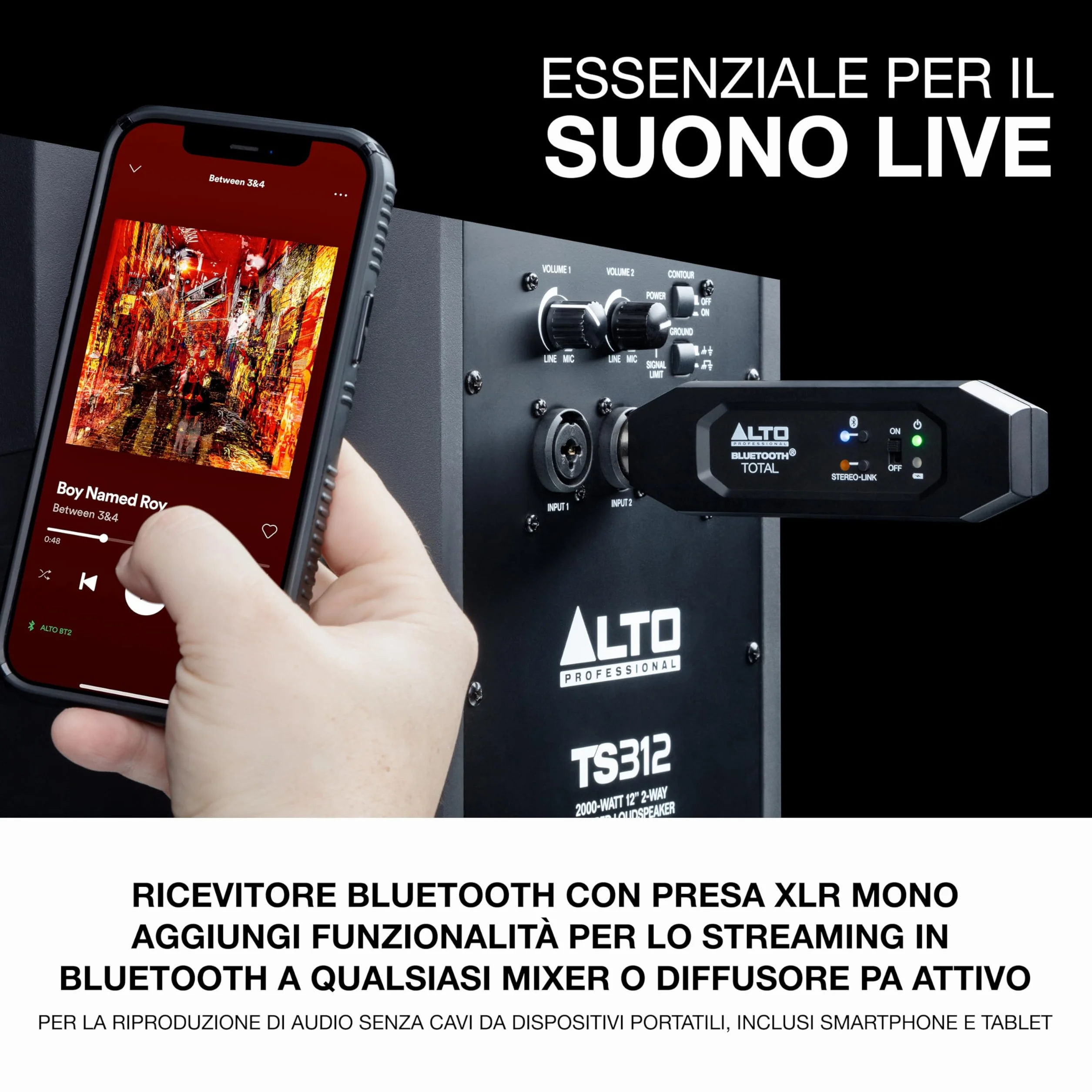 ALTO Bluetooth Total 2 - Ricevitore Stereo Bluetooth Ricaricabile Con Presa XLR per Mixer, Sistemi Audio e PA Attivi