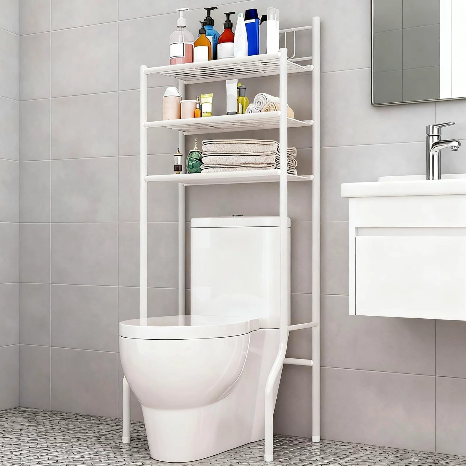 Mensola portaoggetti sopra Il WC | Mensola in Metallo a 3 Livelli salvaspazio per Piccoli spazi, Lavanderia, Appartamento, dormitorio - Asciugamani e bagnoschiuma Ideali