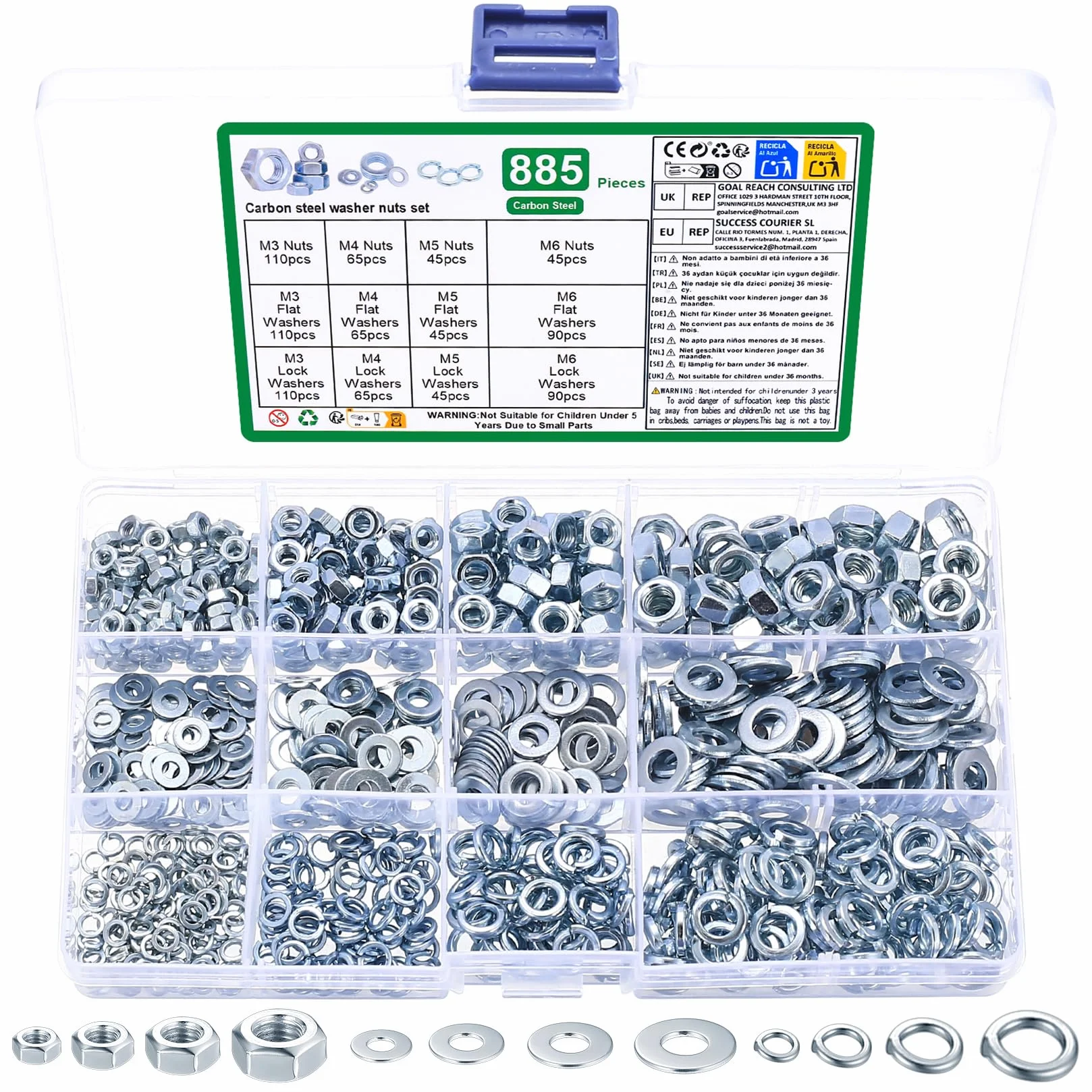 Set di Dadi Esagonali e Rondelle Piatte e a Molla 885 Pezzi Kit Dado per Viti Bulloni Filettate M3 M4 M5 M6
