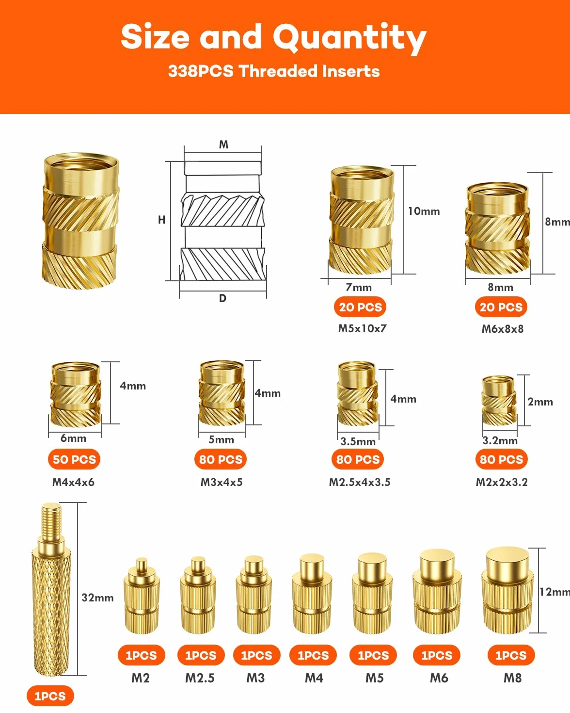 338 inserti filettati con stampa 3D, M2 M2.5 M3 M4 M5 M6, filettatura a fusione con saldatore, set di dadi in ottone, zigrinati con stampa 3D