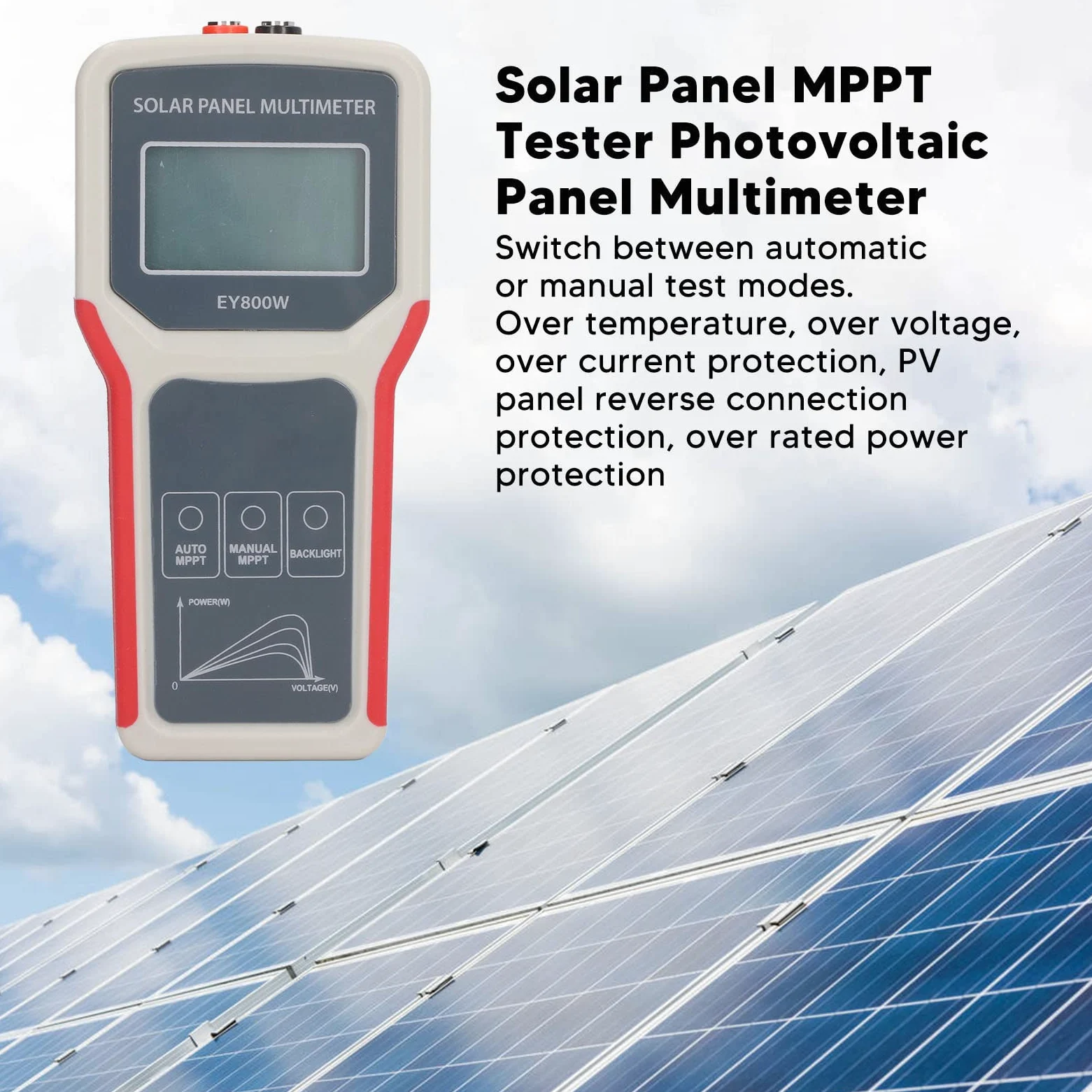 Multimetro per Pannelli Solari, Tester MPPT per Pannelli Fotovoltaici con Display LCD HD, Test Automatico/Manuale, Misuratore di Potenza