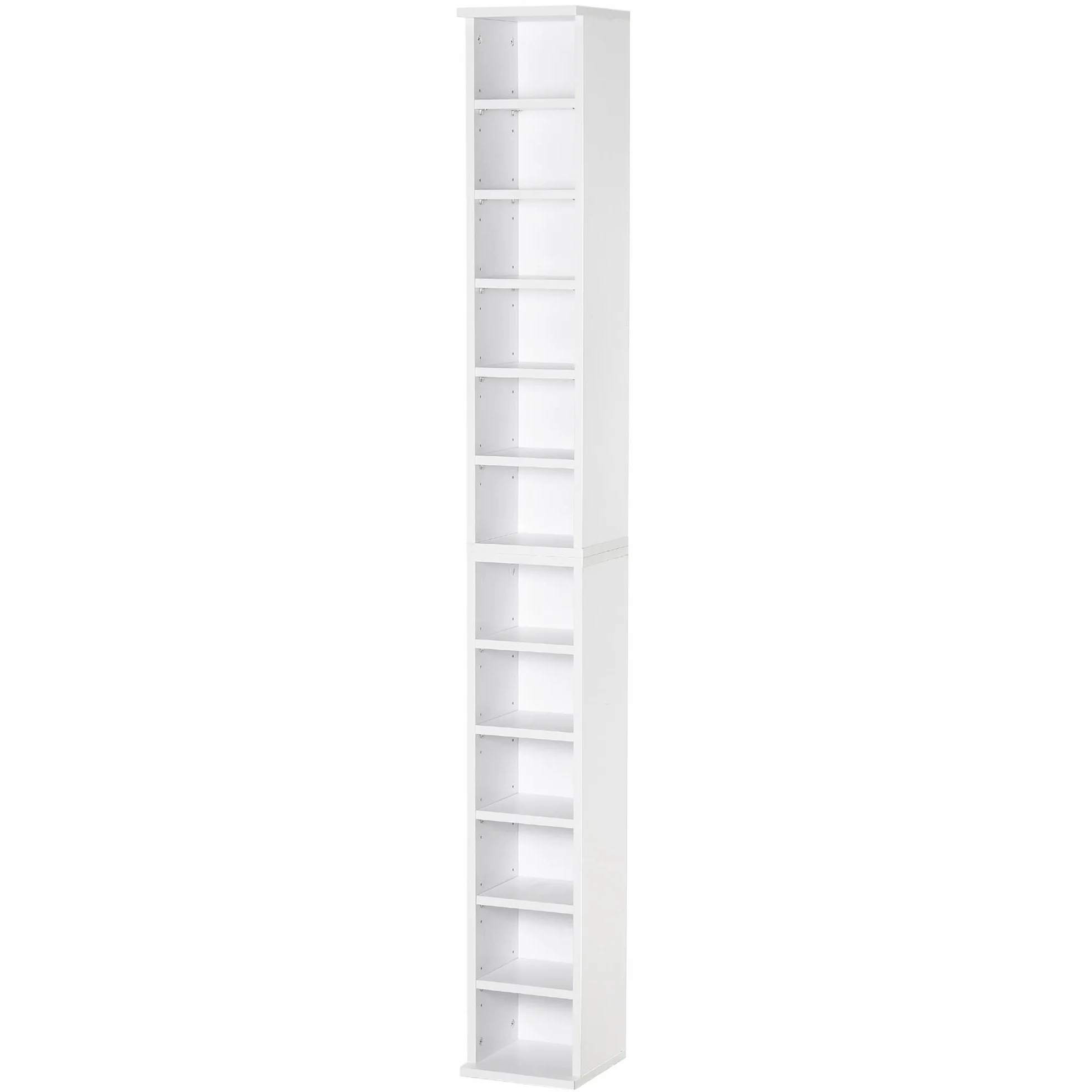 HOMCOM Set 2 Pezzi Scaffali a Colonna Porta CD e DVD a 12 Ripiani Regolabili per 204 CD, Mobile Libreria Alto Salvaspazio in Legno per Camera, Soggiorno e Ufficio, 21x22.5x88.5 cm, Bianco