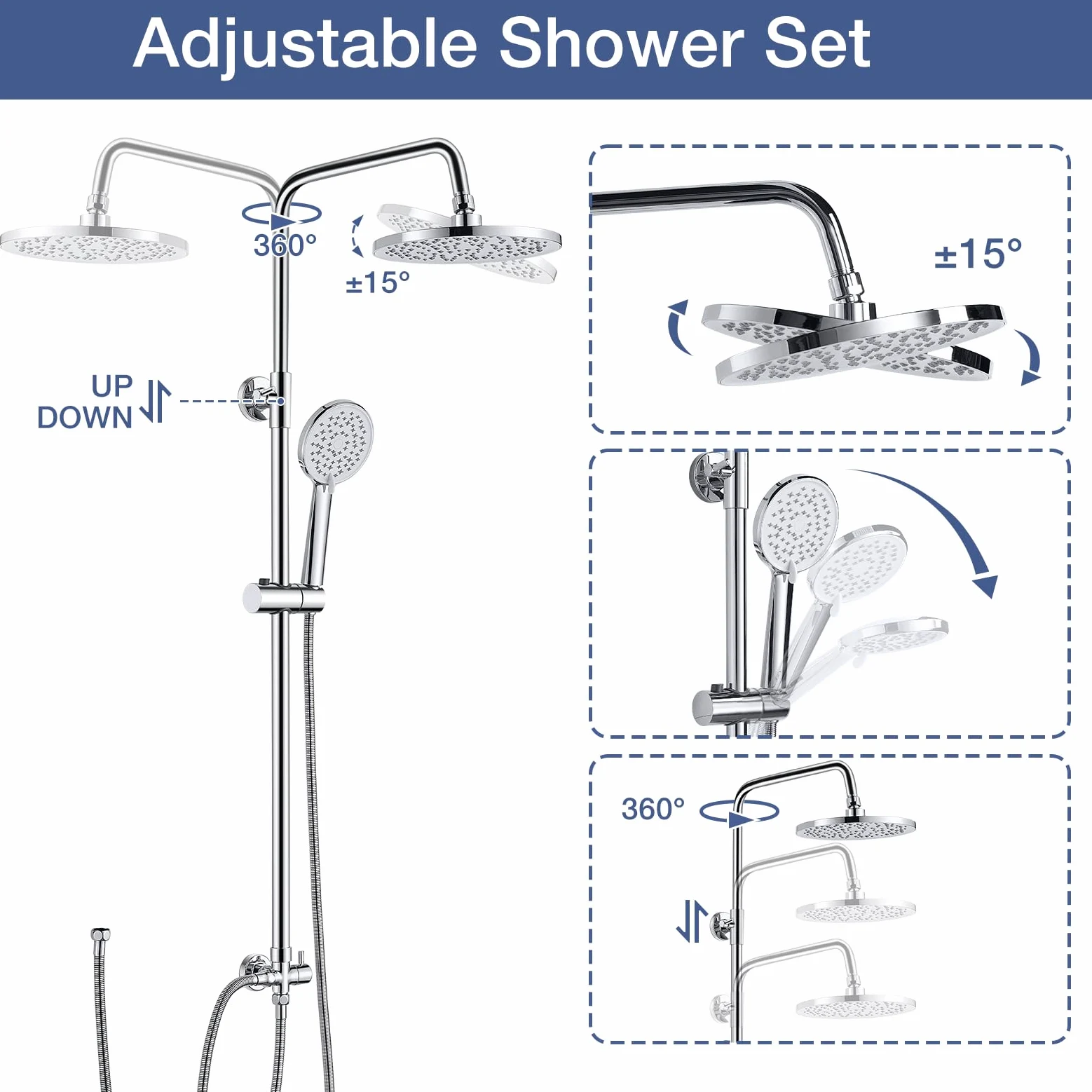 Kit asta doccia in acciaio inox, asta doccia e soffione senza rubinetto, 21 x 21 cm, soffione a pioggia e soffione portatile, cromato