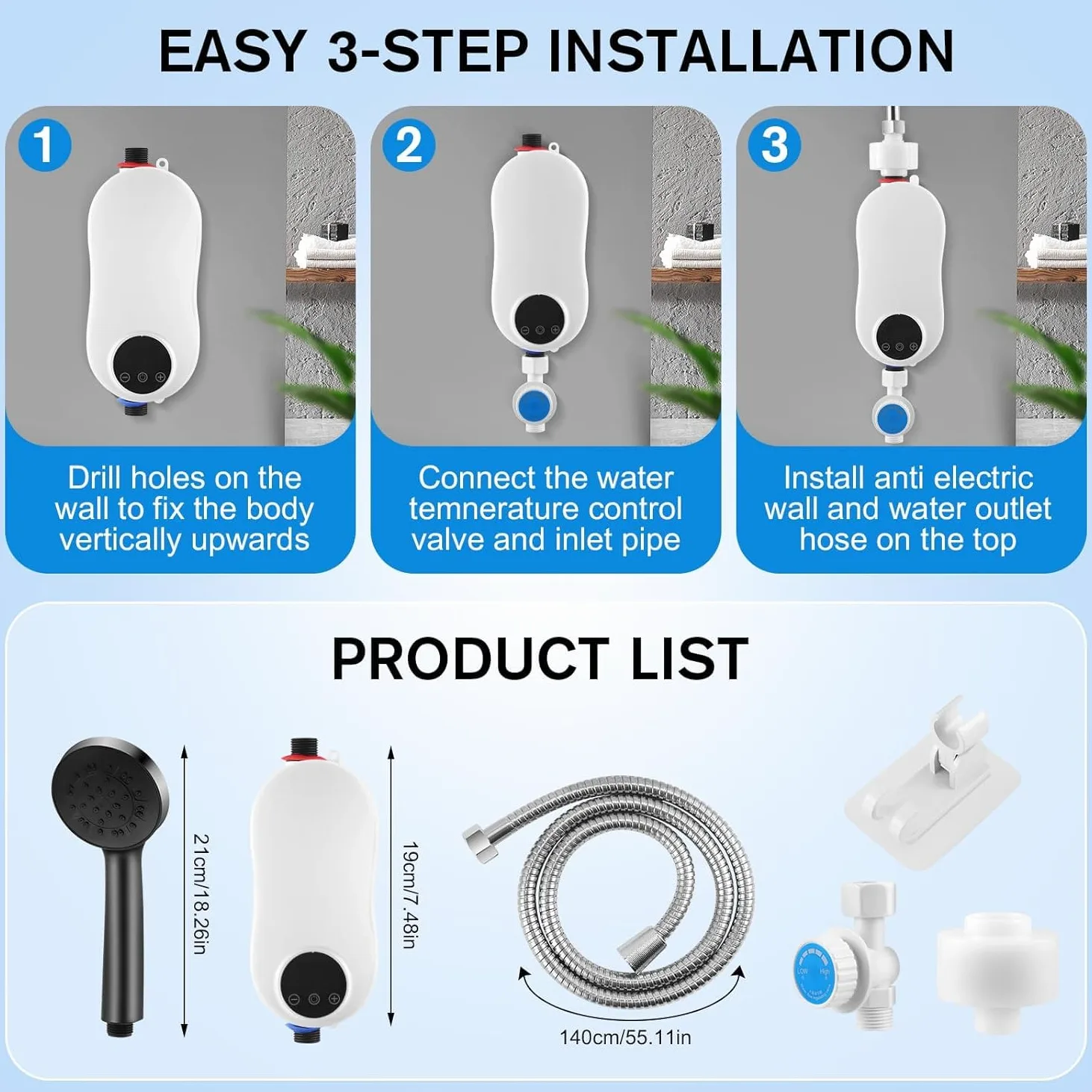 Scaldacqua elettrico istantaneo (con kit doccia) 5500 W 220 V mini scaldabagno senza serbatoio acqua calda, indicatore di temperatura LED + tecnologia intelligente inverter (5500 W)