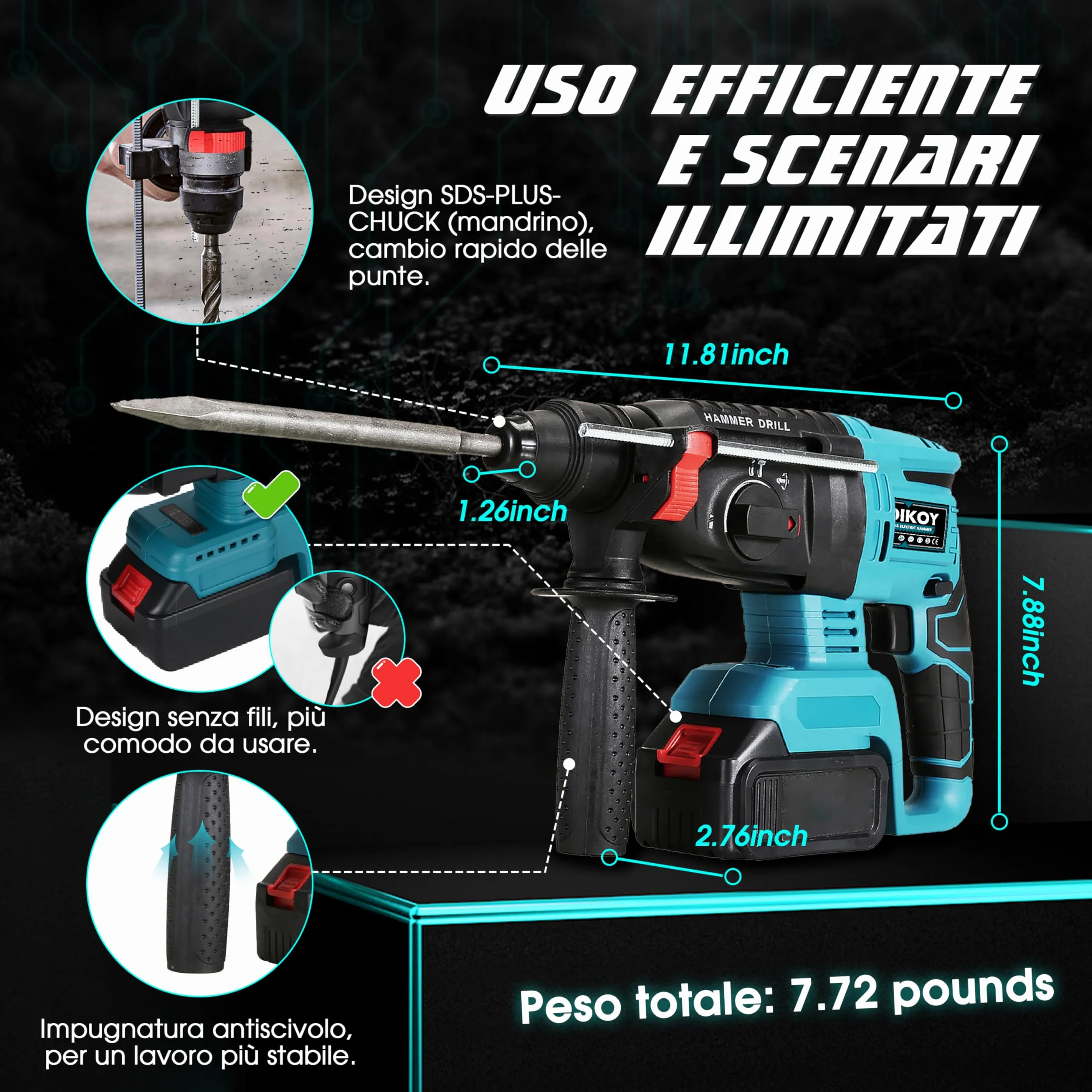 Martello Demolitore Senza Fili 21V, Tassellatore a Batteria Senza Spazzole, 4000 BPM, 32 mm, Compatibile Makita