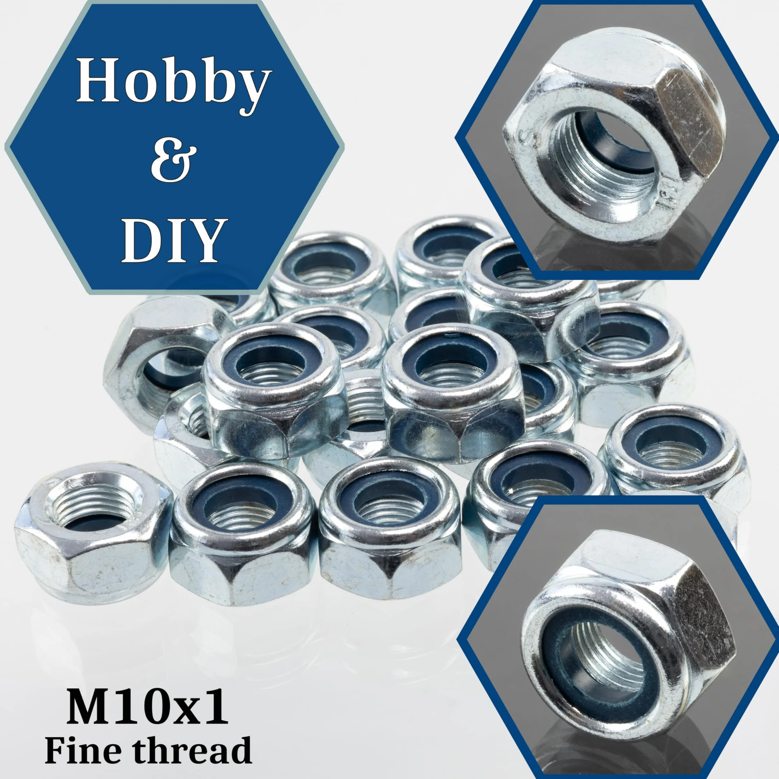AERZETIX Set di 20 Dadi di bloccaggio M10x1mm esagonali acciaio zincato argento