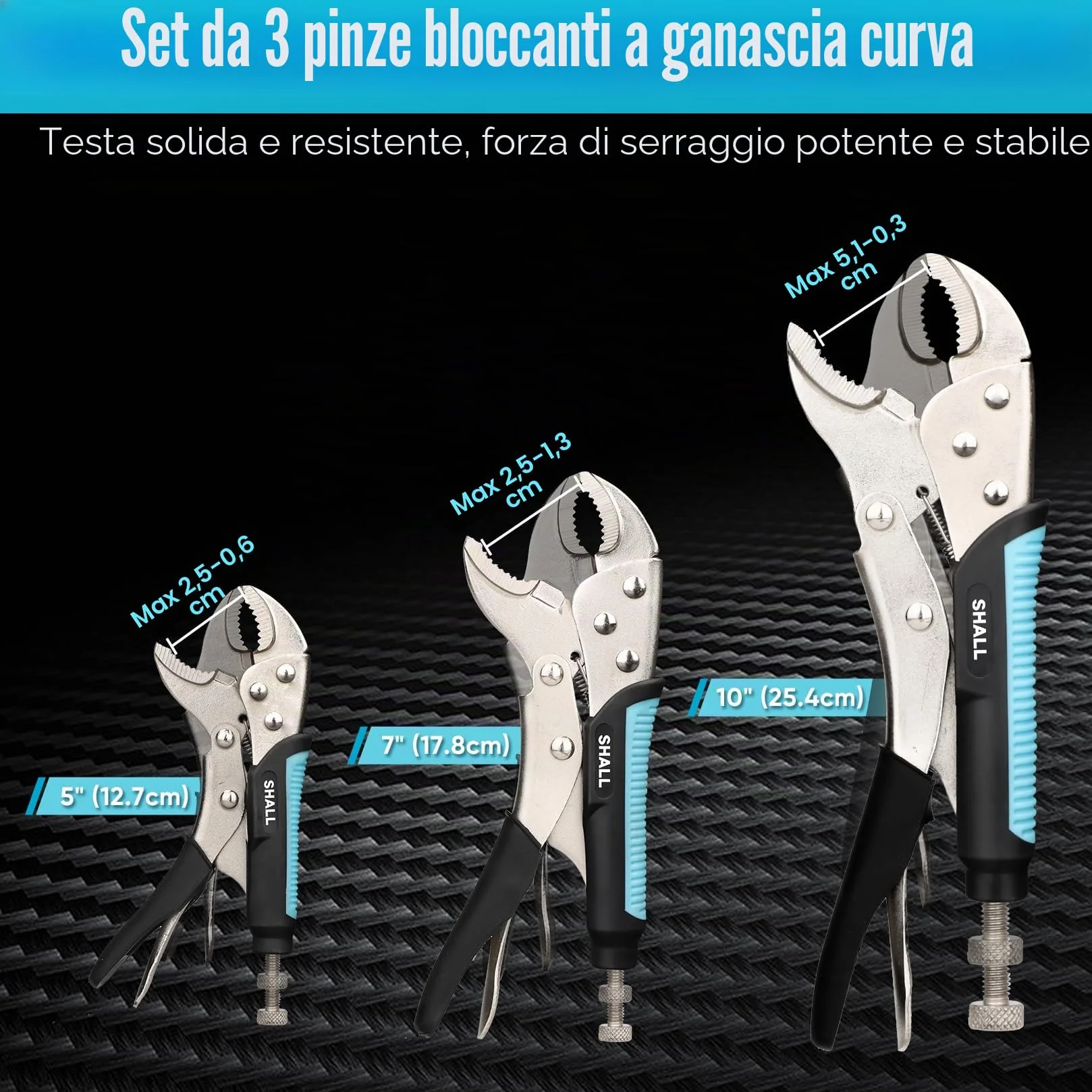 Shall Set di 6 pinze di bloccaggio – mascella curva da 12,7 cm, 17,8 cm e 25,4 cm, naso lungo 15,2 cm e morsetto a C da 15,2 cm, manico in TPR bicolore, custodia arrotolabile inclusa