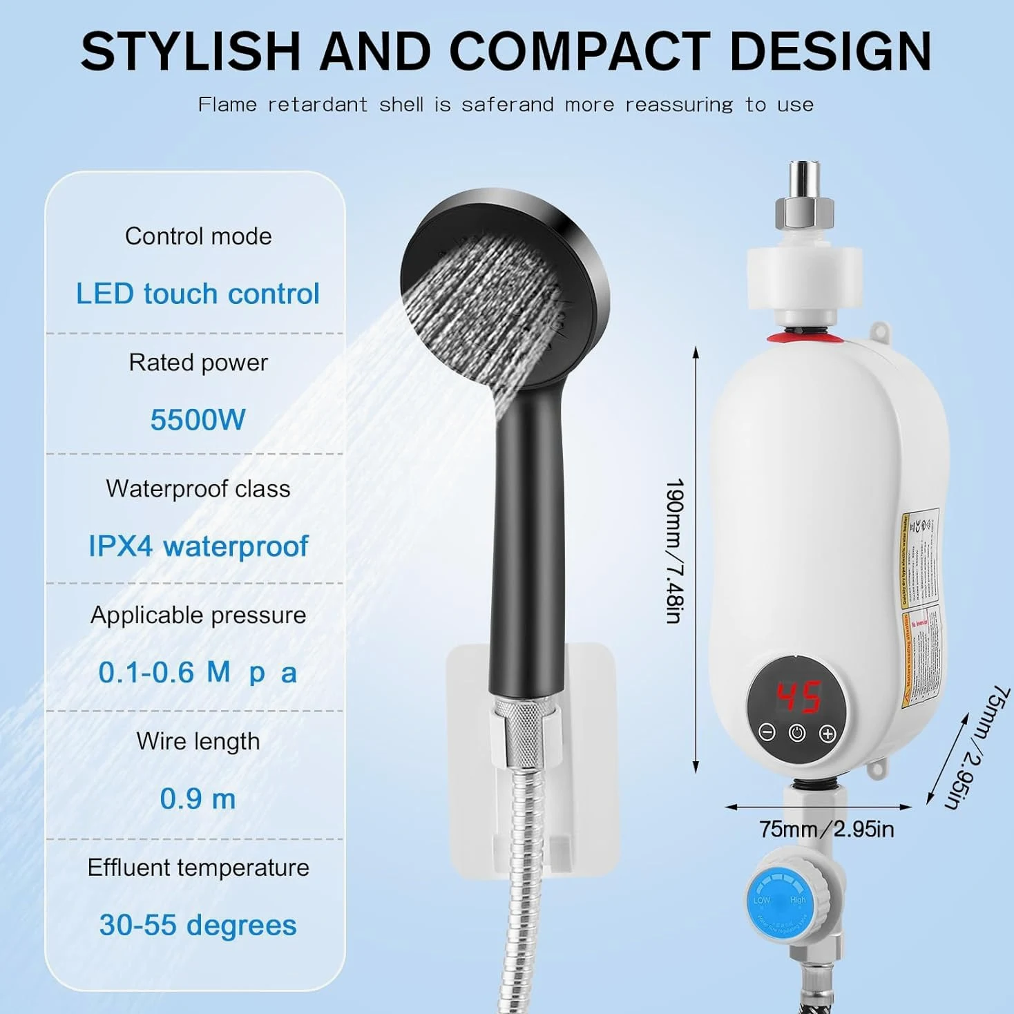 Scaldacqua elettrico istantaneo (con kit doccia) 5500 W 220 V mini scaldabagno senza serbatoio acqua calda, indicatore di temperatura LED + tecnologia intelligente inverter (5500 W)