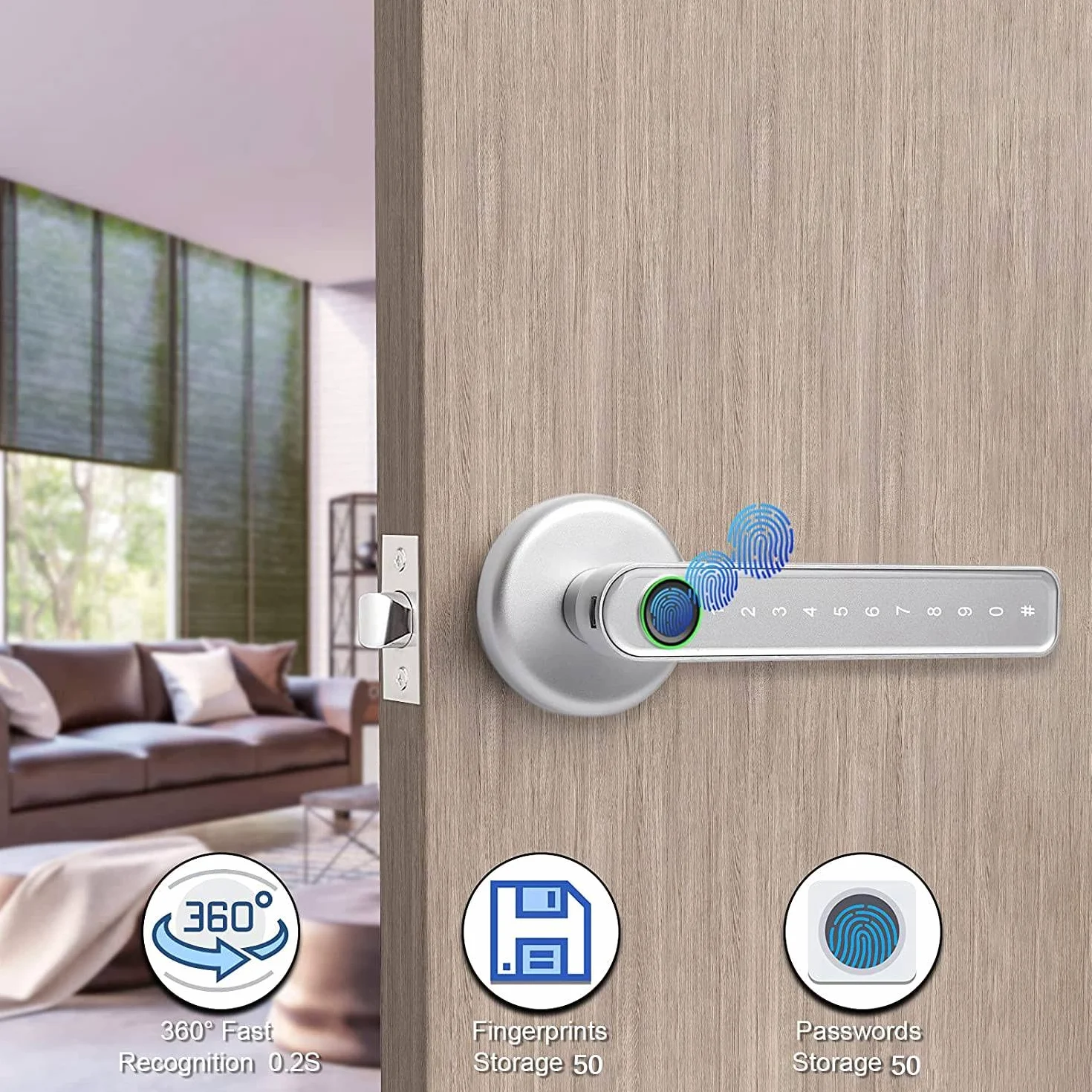 Smart Door Lock Keyless Entry Serratura della porta della tastiera con maniglia, serratura della porta dell'impronta digitale con controllo WiFi APP Tuya