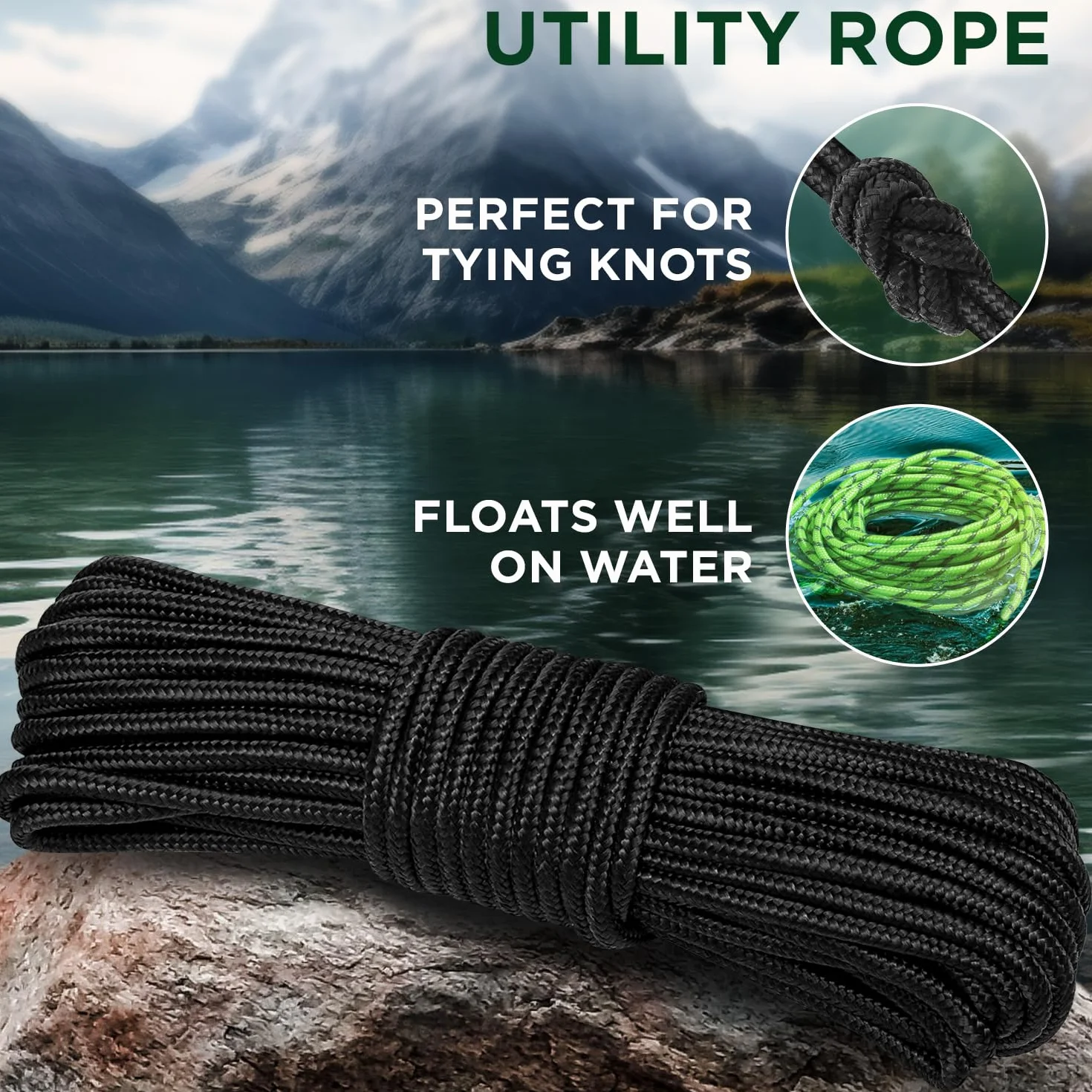 TECEUM Corda– 7mm & 10mm – 27,5M | 45M – Multiuso Resistente – Campeggio, Artigianato, Uso Interno ed Esterno – Corda Leggera Intrecciata a Diamante in Polipropilene e Nylon – Nero (Black)