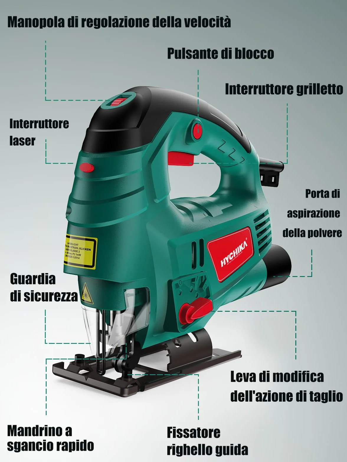 HYCHIKA Seghetto Alternativo 800W, Profondità di Taglio 110mm, 800~3000SPM, 7 Velocità Variabile, Angolo di Inclinazione Regolabile da ±45 °, Adatto per Metallo, Legno