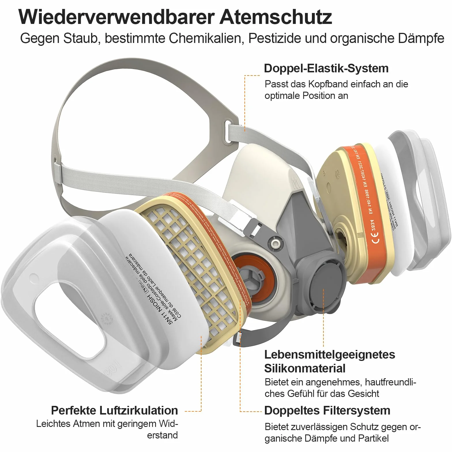 SURFOU Semimaschera Antipolvere con Filtro A1P2 Riutilizzabile 2 Cartucce Filtro + 10 Prefiltri per Verniciatura Levigatura