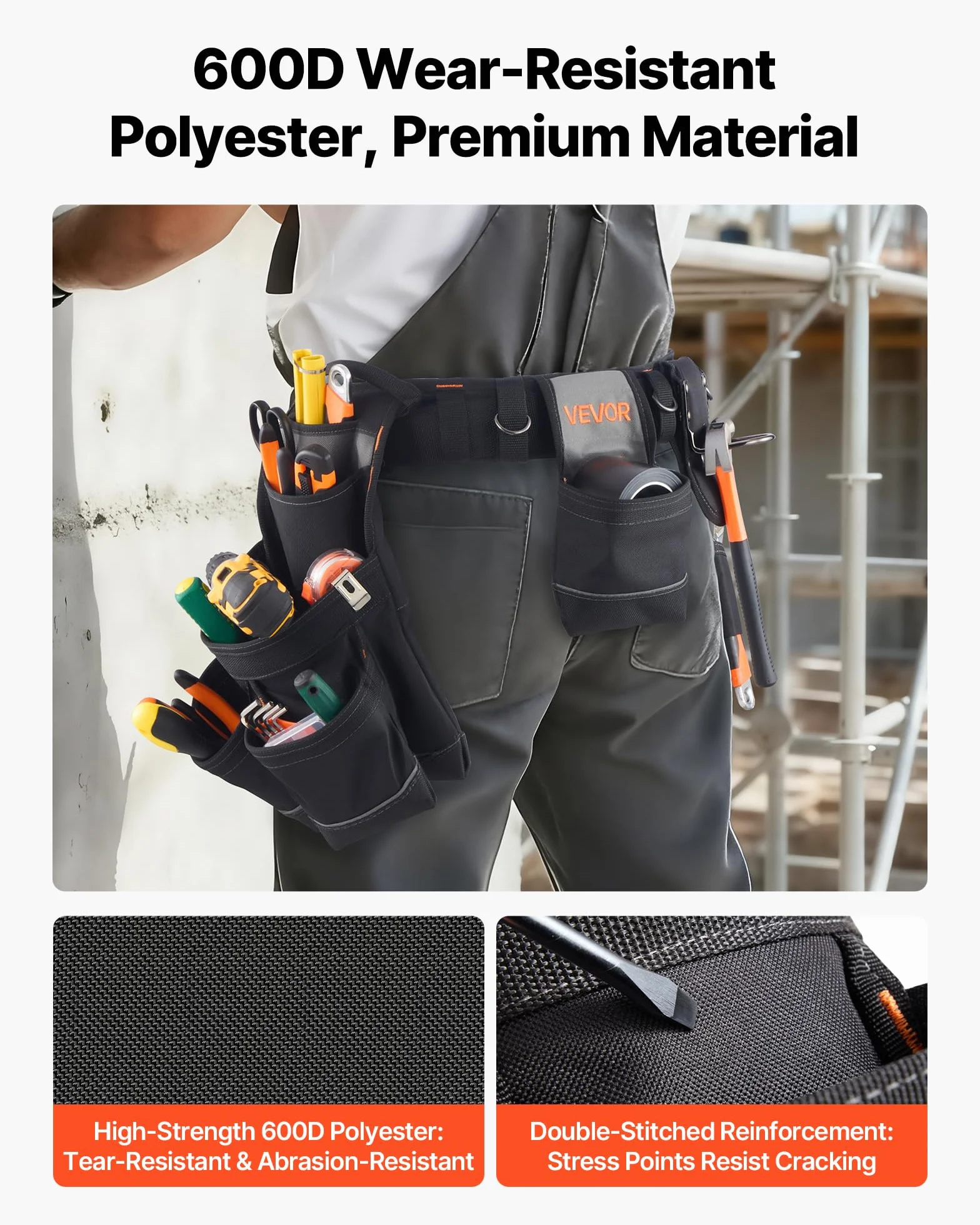 VEVOR Marsupio Porta Attrezzi Elettricista 18 Tasche Borsa Lavoro Staccabile Vita Regolabile 80-131 cm
