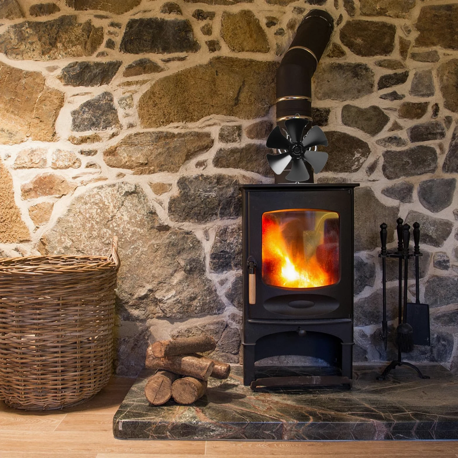 BESTYASH Ventilatore Termico per Stufa a Legna 6 Pale Nero Alluminio | Stufa Termoventilatore senza Elettricità, Ventilatore per Stufa Legna, Atmosfera Estiva