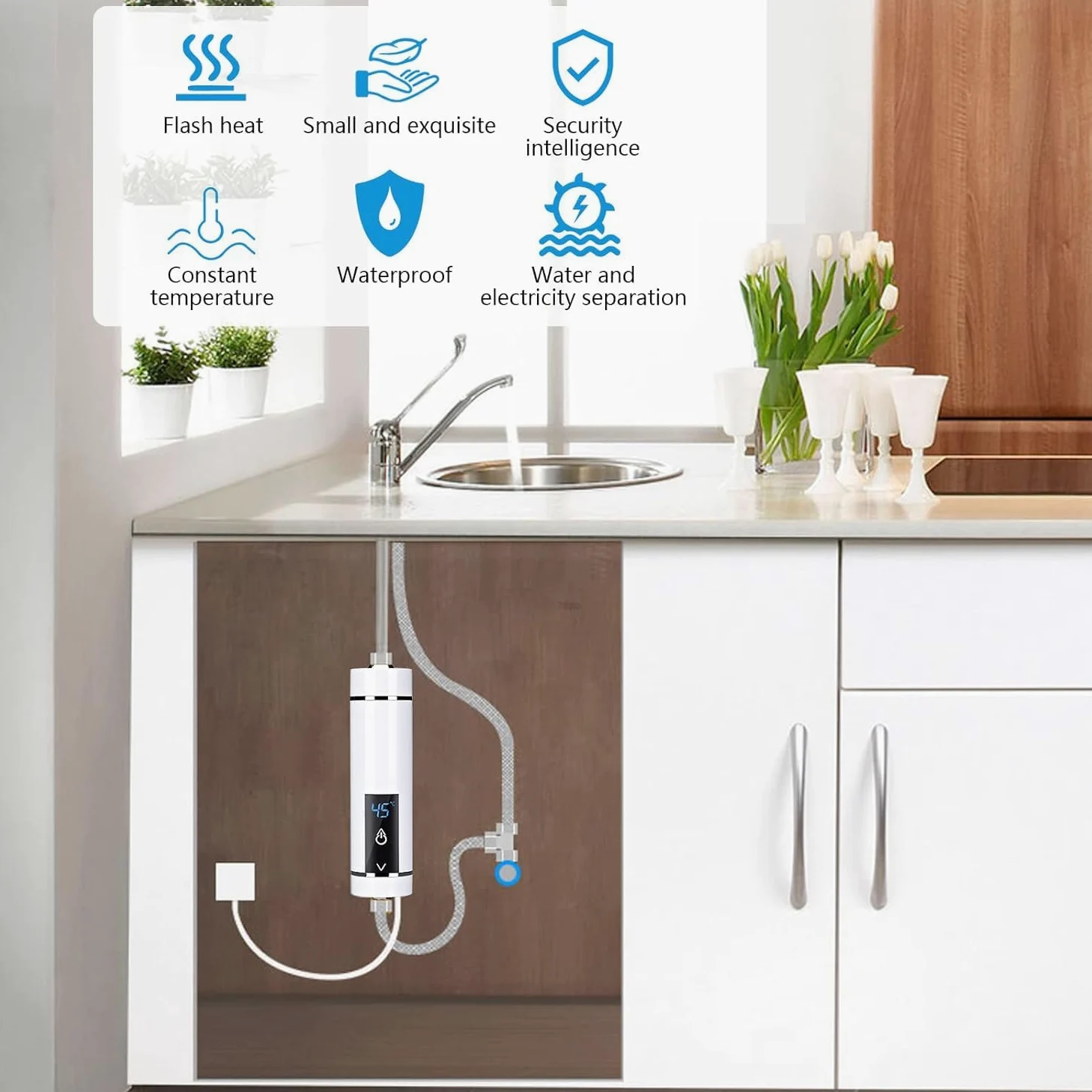 Mini scaldacqua elettrico istantaneo, Mini scaldabagno istantaneo senza serbatoio per bagno e cucina, spina EU 220V (bianco 3500W)