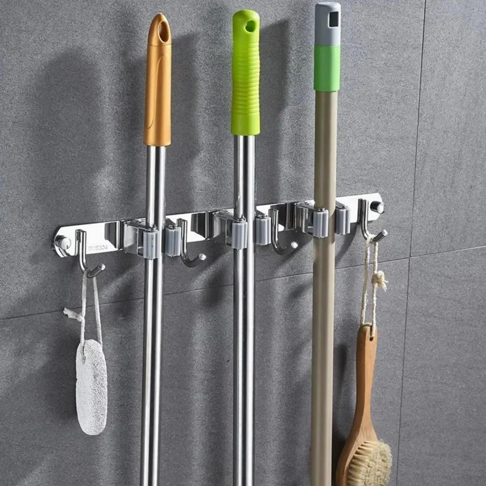 Porta Scope Parete Porta mocio Appendiabiti Mensola Gancio portaoggetti in acciaio inox Cucina Bagno Organizzazione Accessori per cucina(3 Mop 4 hook)