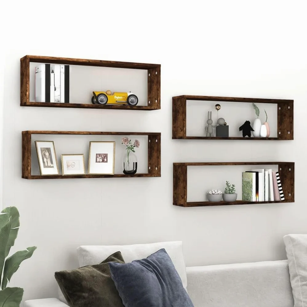 4 scaffali da parete in legno di rovere affumicato, 80 x 15 x 26,5 cm, mensole sospese da parete per soggiorno, camera da letto, cucina, ufficio, ordine e presentazione decorativa