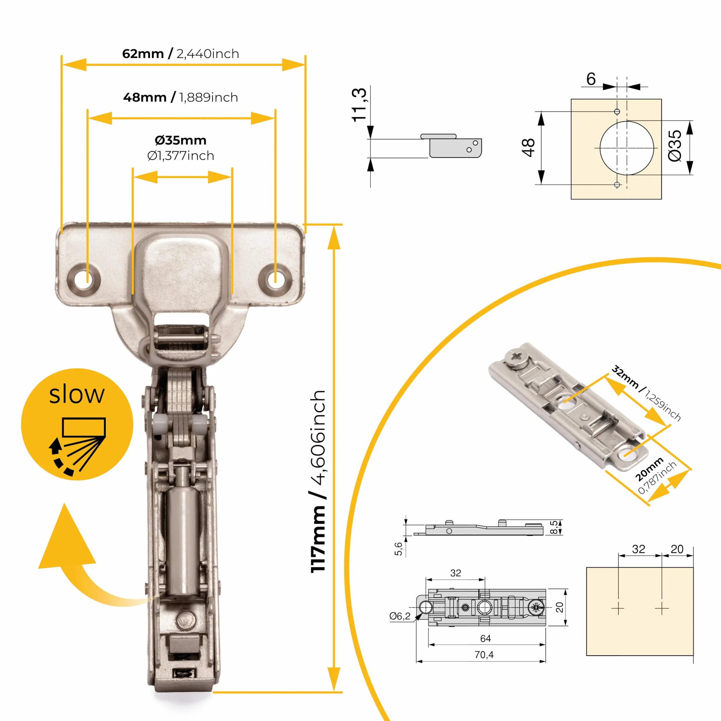 Emuca - Lotto di 20 cerniere mezzo collo X91 con chiusura soft e Basetta a vite, altezza 1, Acciaio, Nichelato