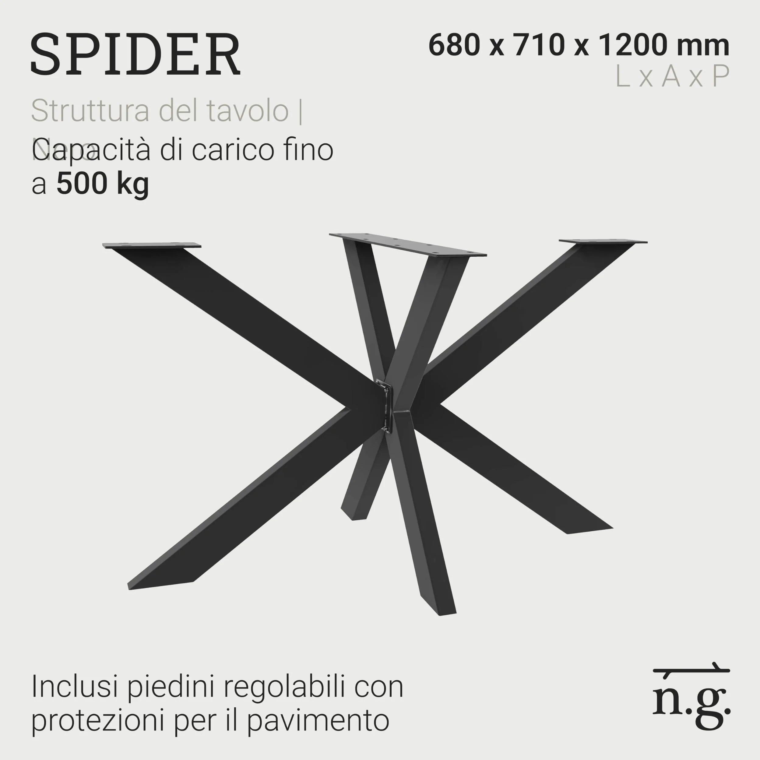 Natural Goods Berlin 1x Gambe per Tavolo SPIDER | Gambe Tavolo in Metallo Nero | Montaggio Semplice | Piedi per Mobili, come Tavolino, Scrivania e Tavoli da Pranzo | Piedi per Tavolo 71x68x120cm
